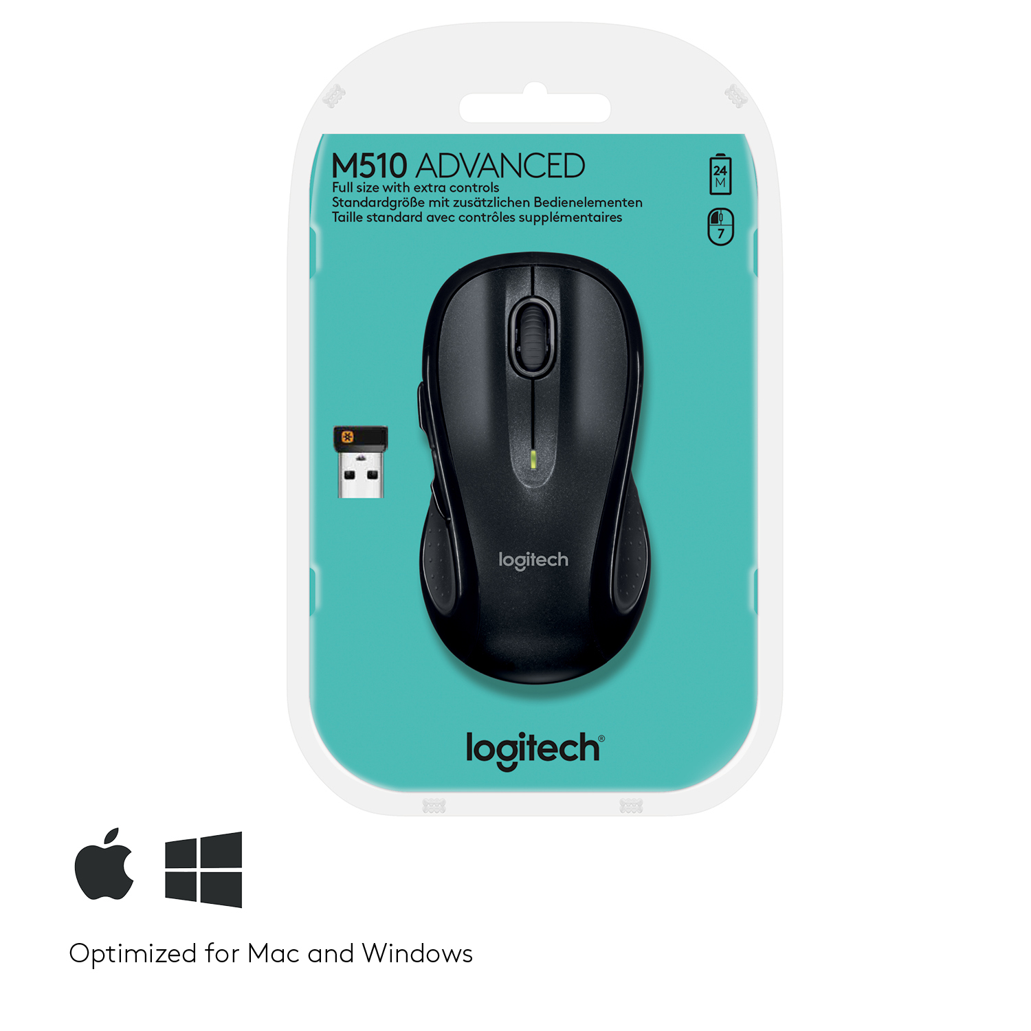 Czarna mysz Logitech na opakowaniu. Opakowanie mówi M510 ADVANCED.