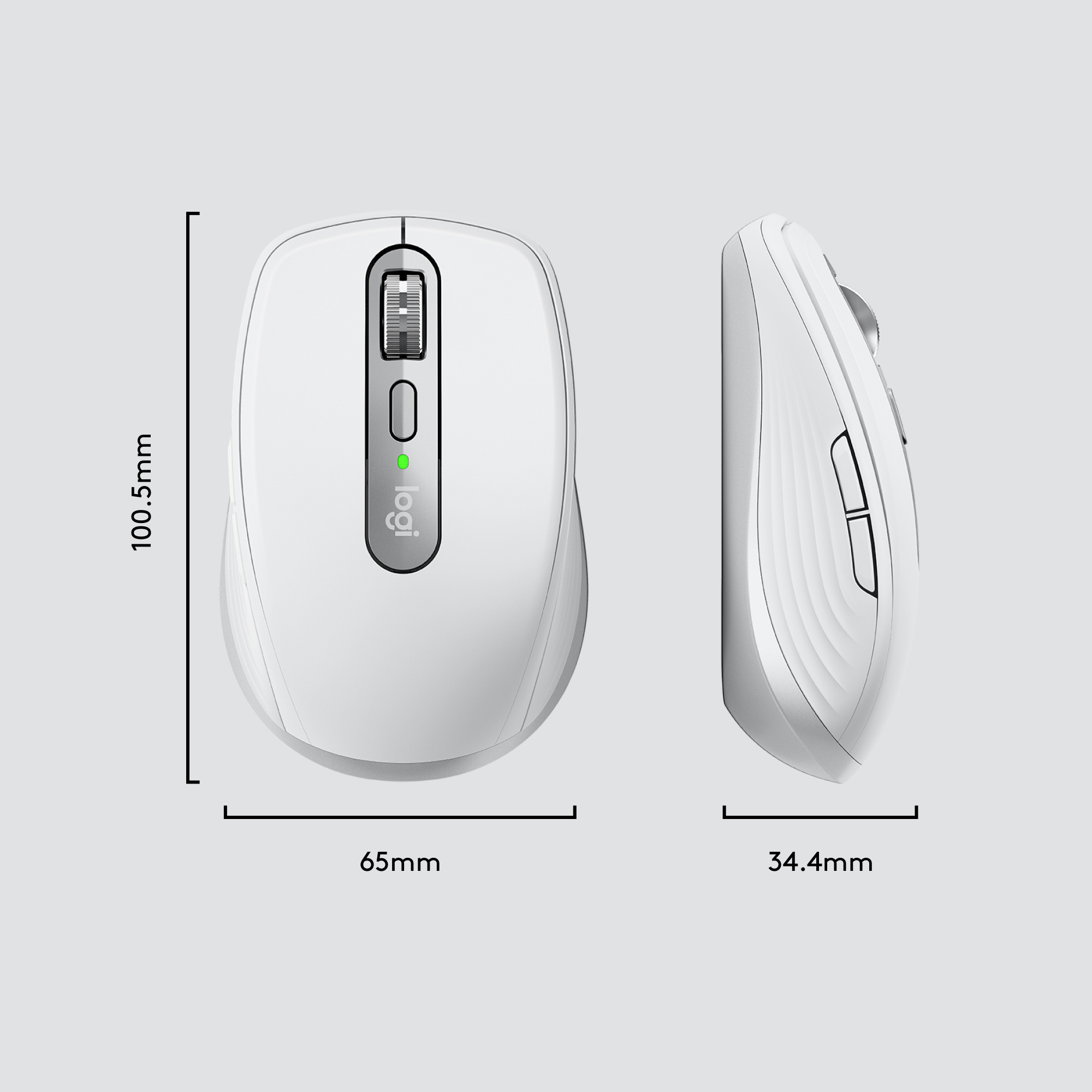 Ratón ergonómico blanco con dimensiones: 100,5 mm alto, 65 mm ancho y 34,4 mm grosor.