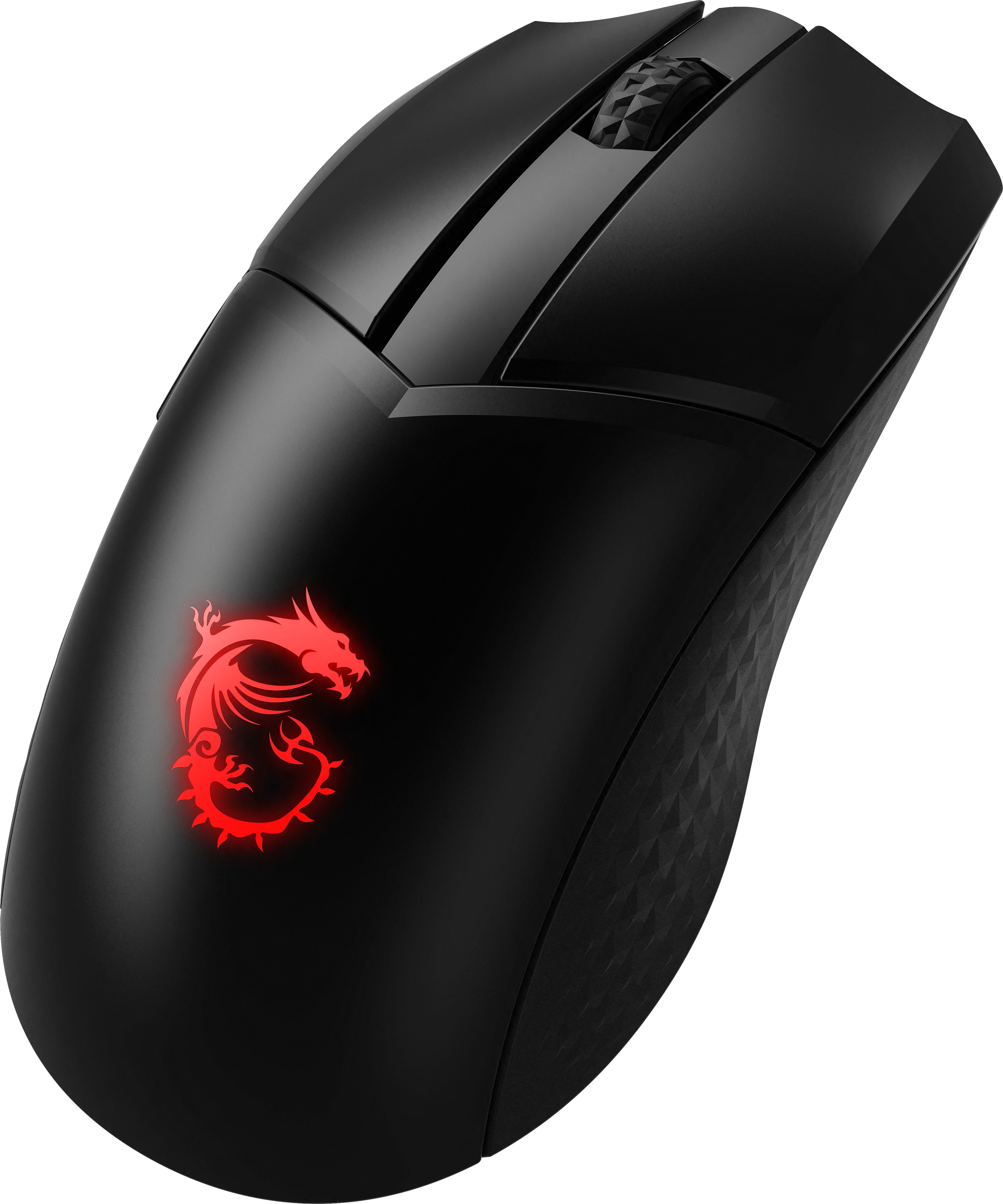 Ratón gaming negro con logo de dragón rojo.  Rueda y botones visibles.