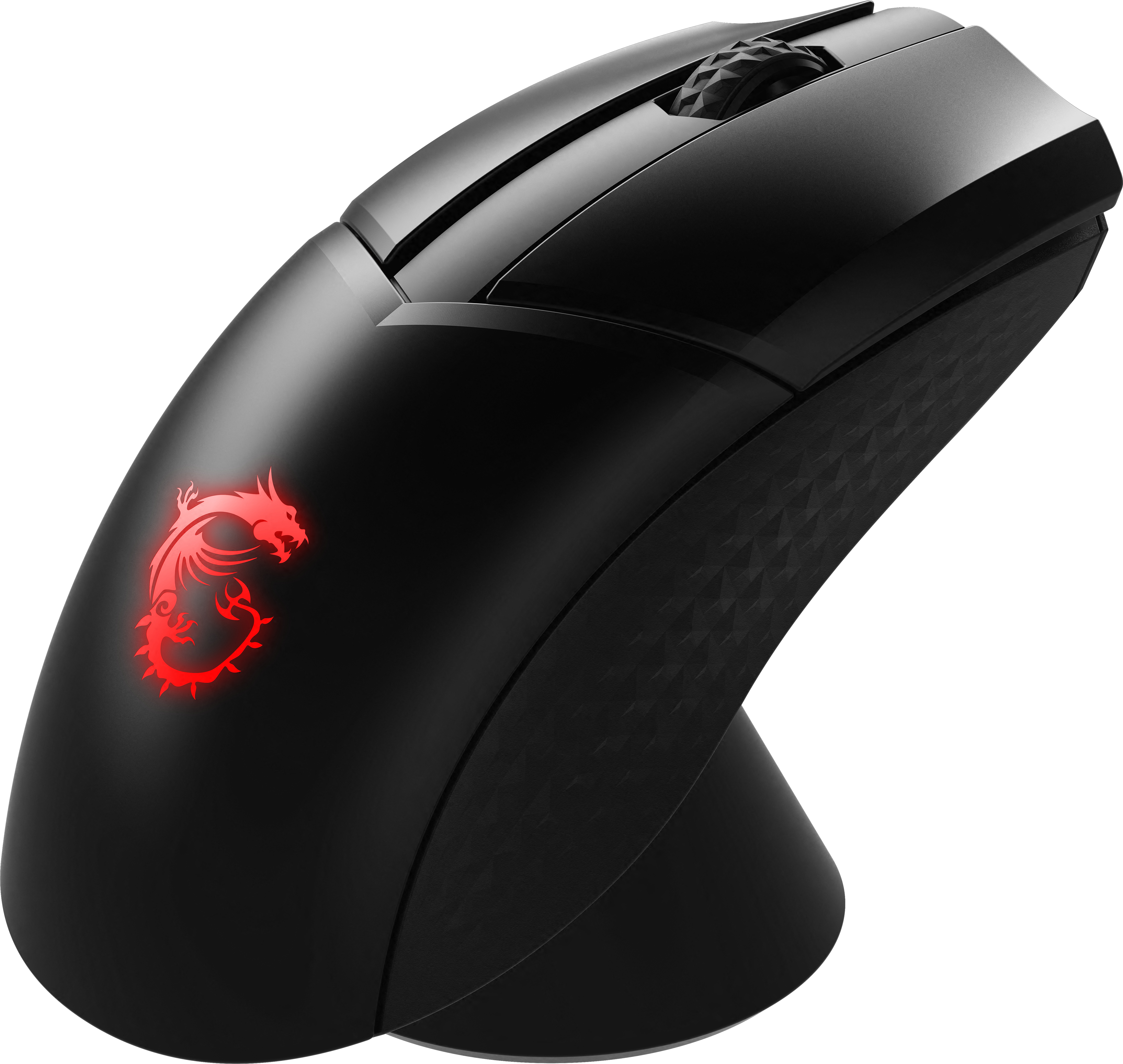 Un ratón gaming MSI negro. El ratón tiene un logotipo de dragón rojo y una superficie texturizada.