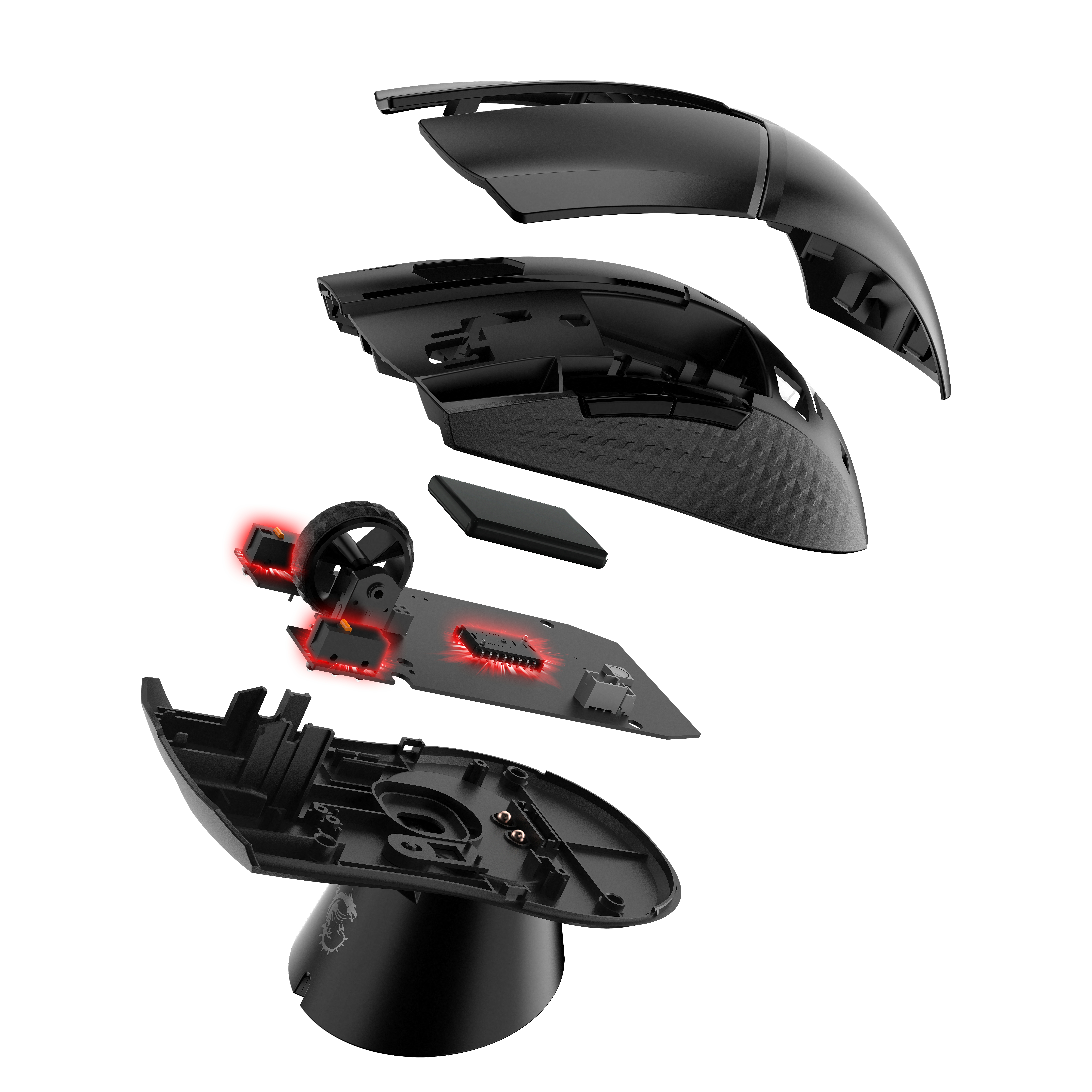 Vista explosionada de un ratón gamer negro, mostrando los componentes internos.