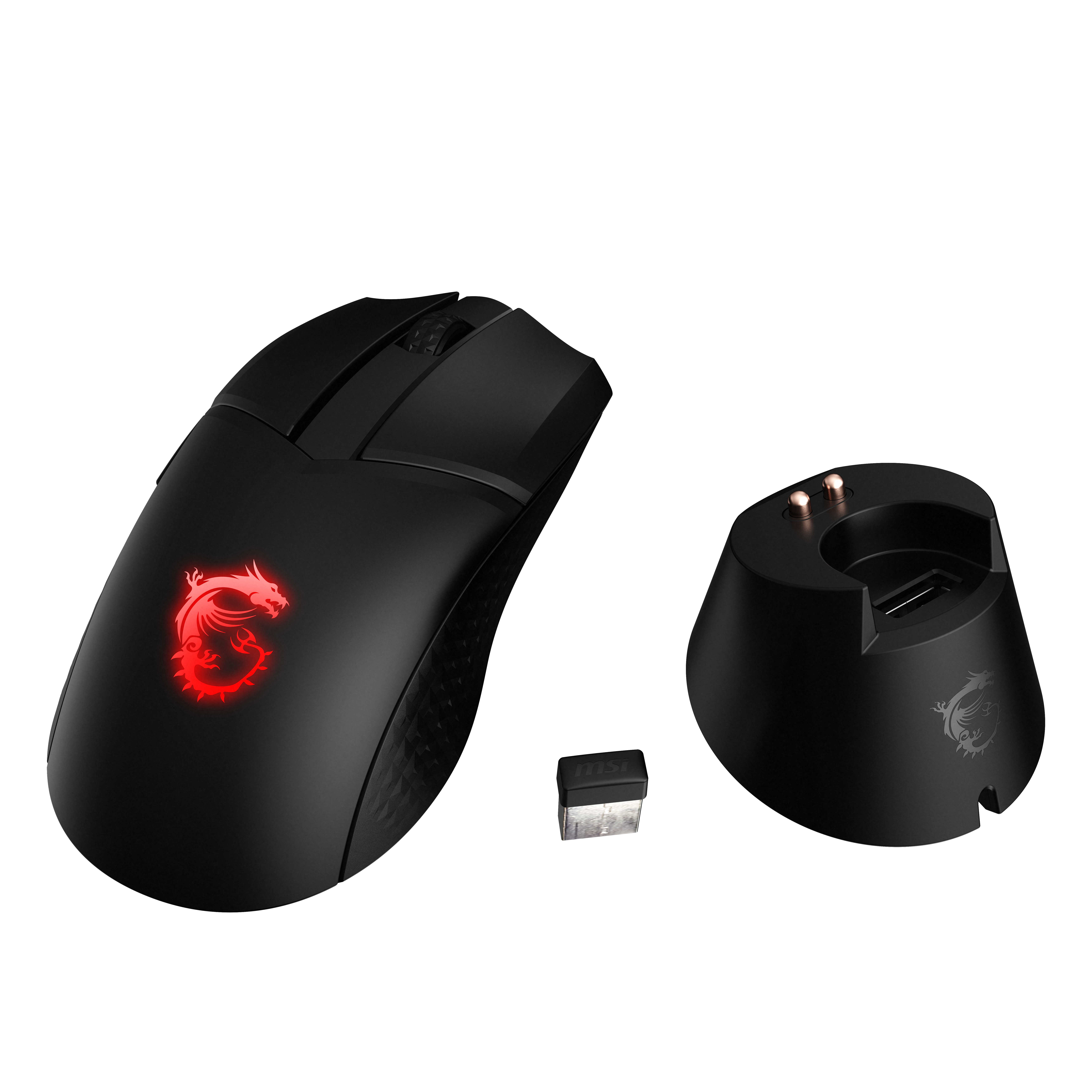 Ratón MSI negro con logotipo iluminado, receptor inalámbrico y base de carga.