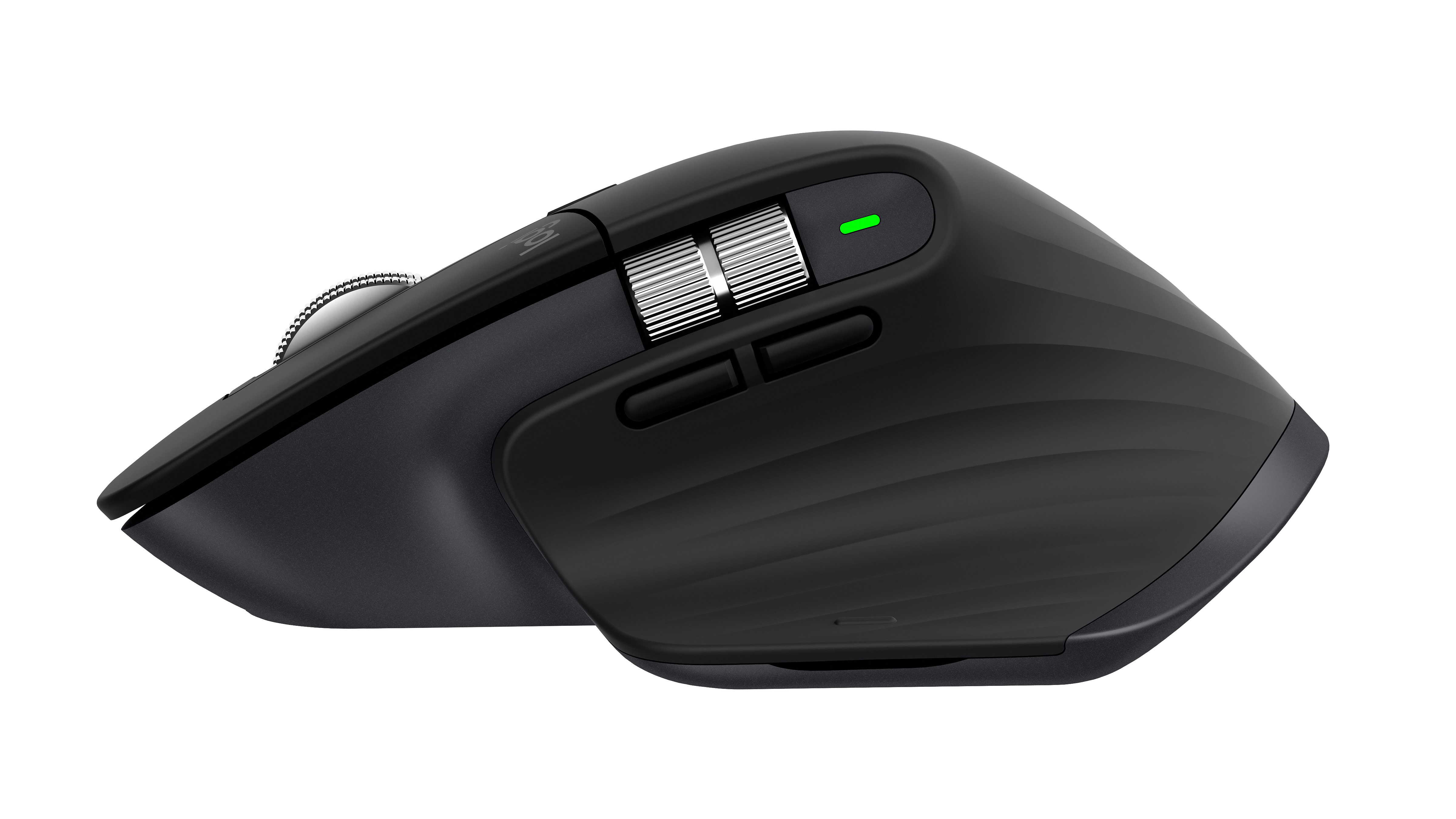 Souris ergonomique noire avec molette et boutons argentés. Lumière verte en haut, vue latérale.