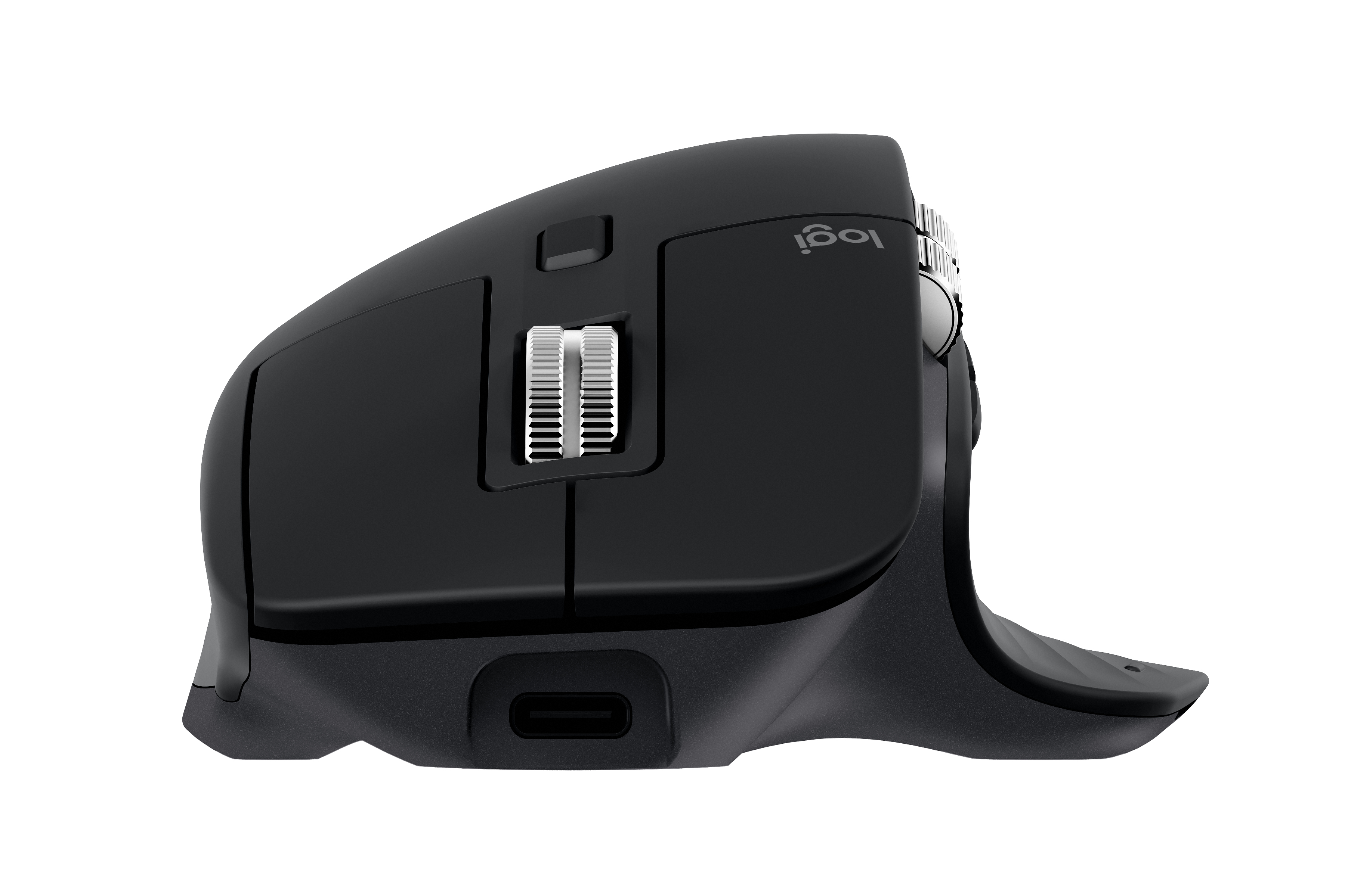 Souris noire Logitech MX Master 3. Montre le côté avec la molette et un port USB-C.