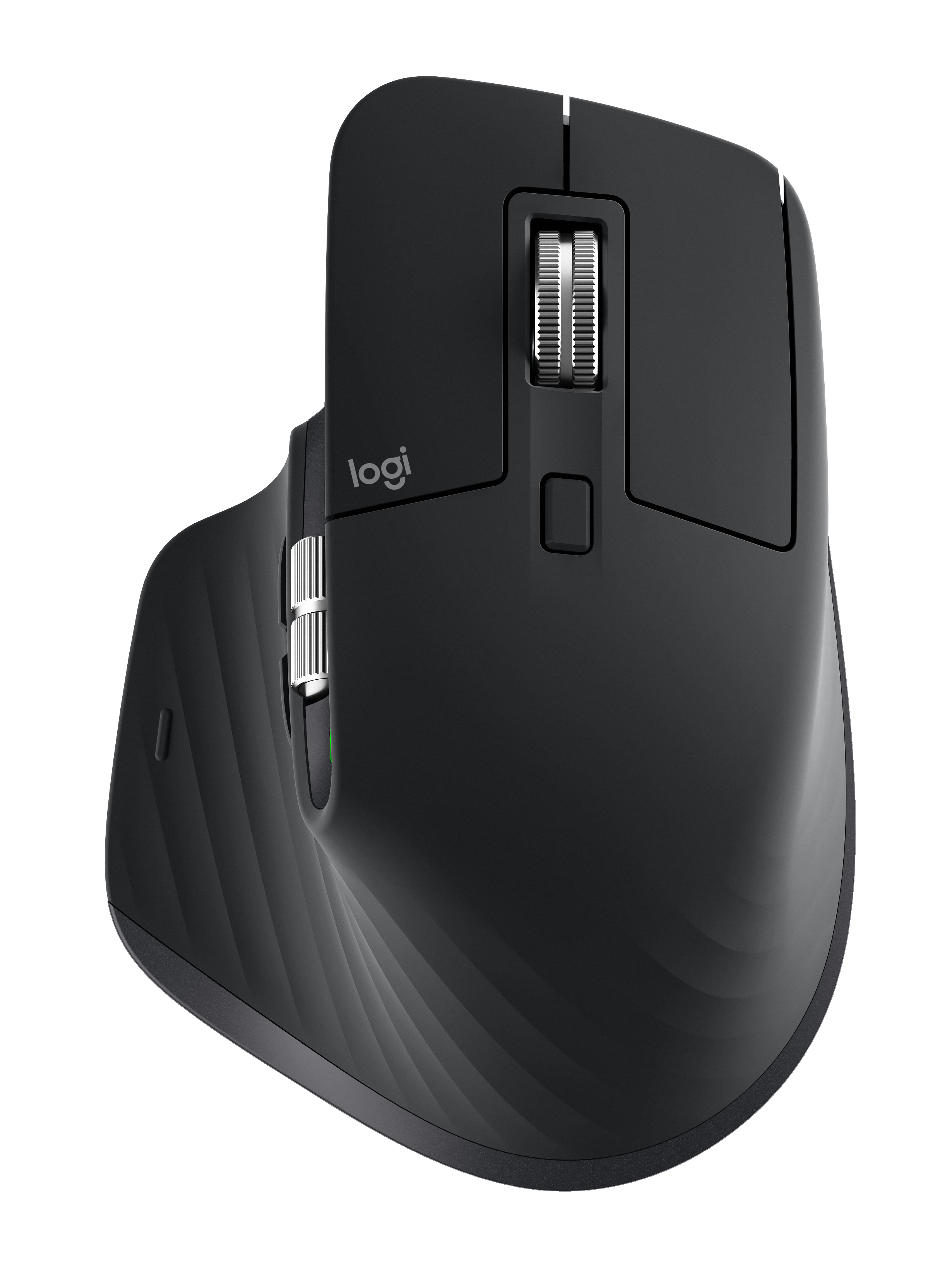Souris ergonomique noire avec molettes et boutons.