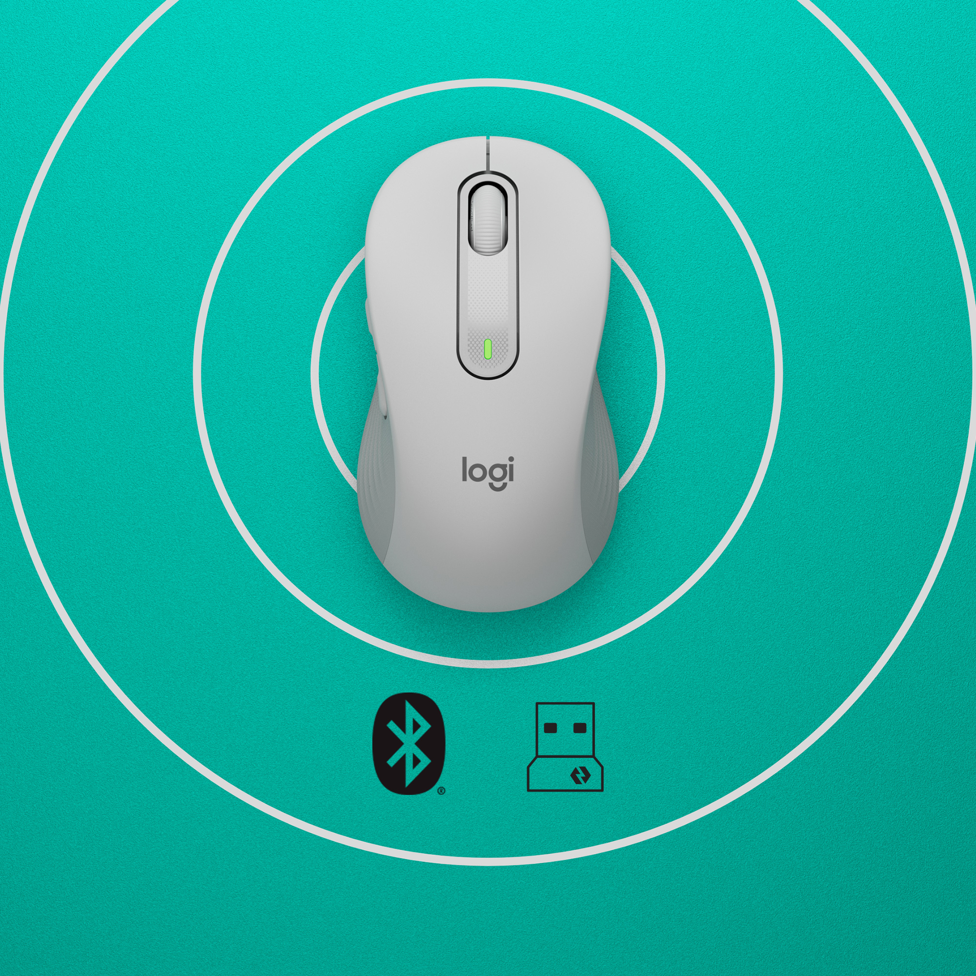 Biała mysz Logitech na zielonym tle. Funkcje Bluetooth, USB i wzór kołowy.