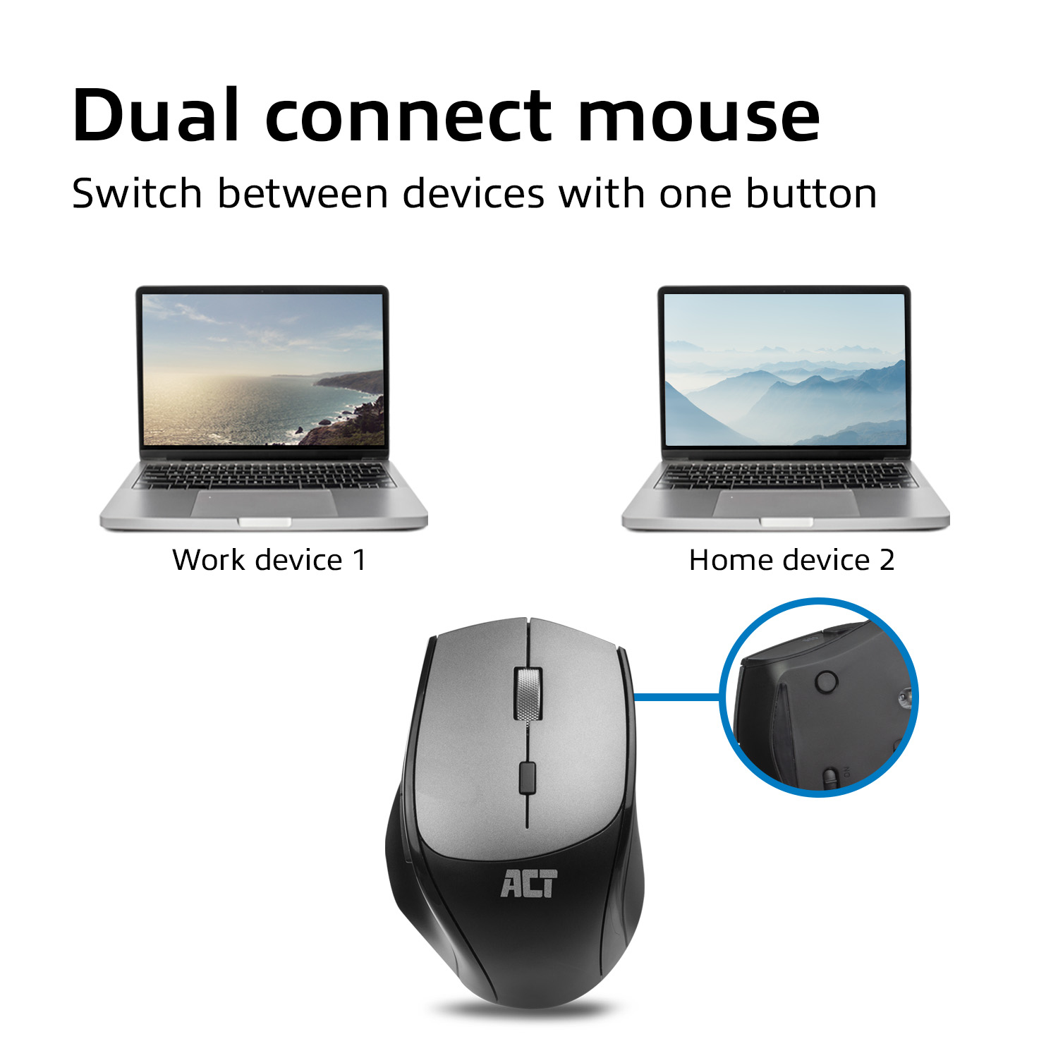 Zwei Laptops und eine Maus. Die Maus kann mit einer einzigen Taste zwischen Geräten wechseln.