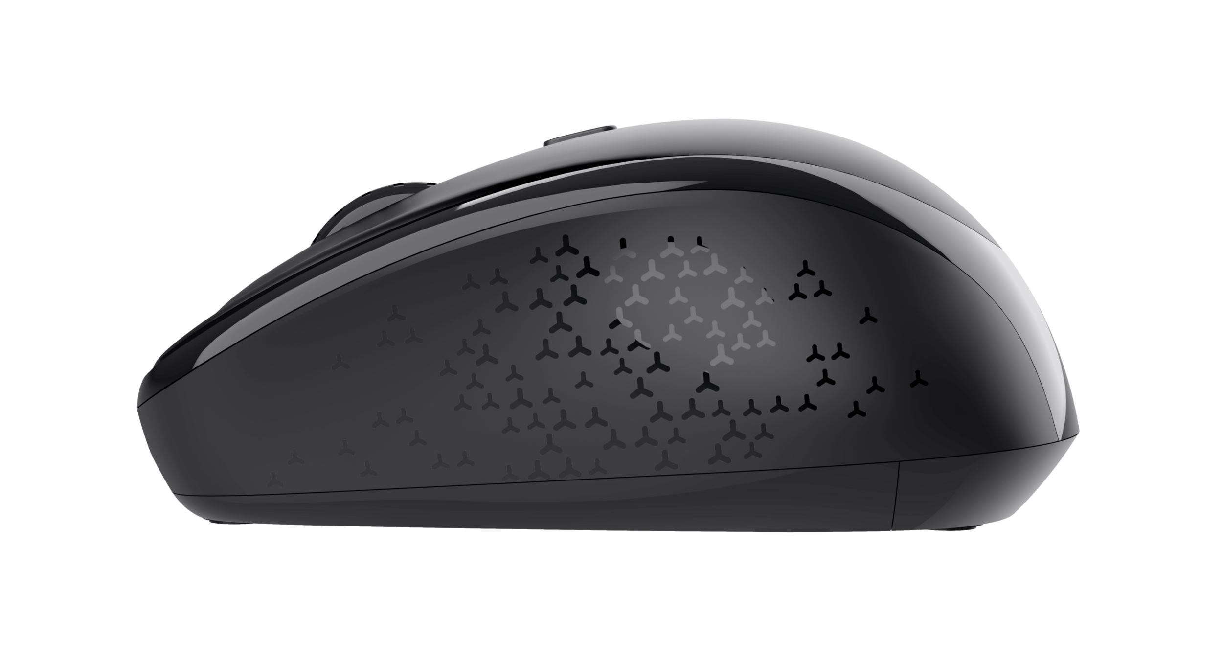 Czarna mysz komputerowa ze wzorem małych trójkątów z boku.