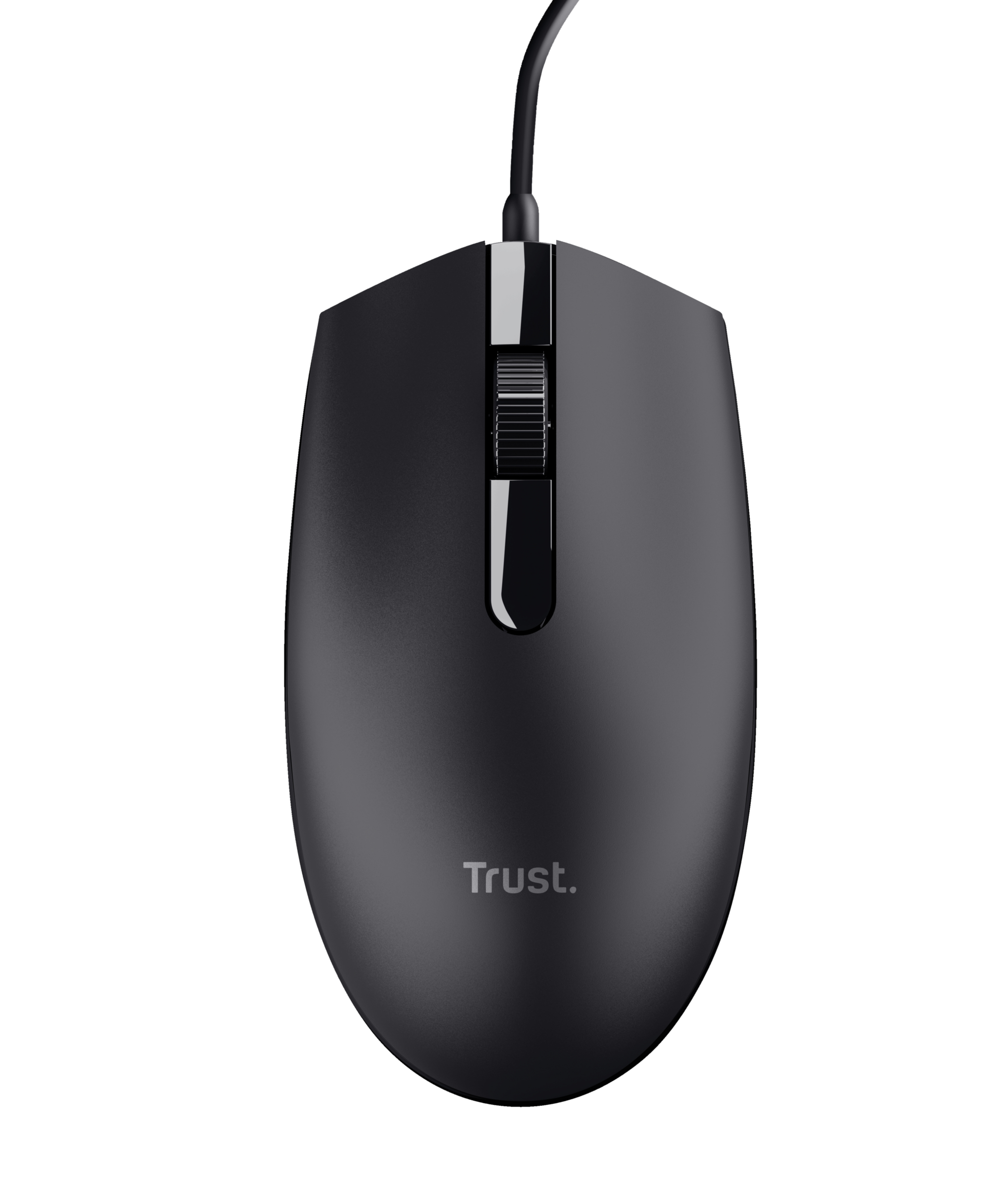 Un mouse nero con una rotellina. Il mouse ha un logo Trust.