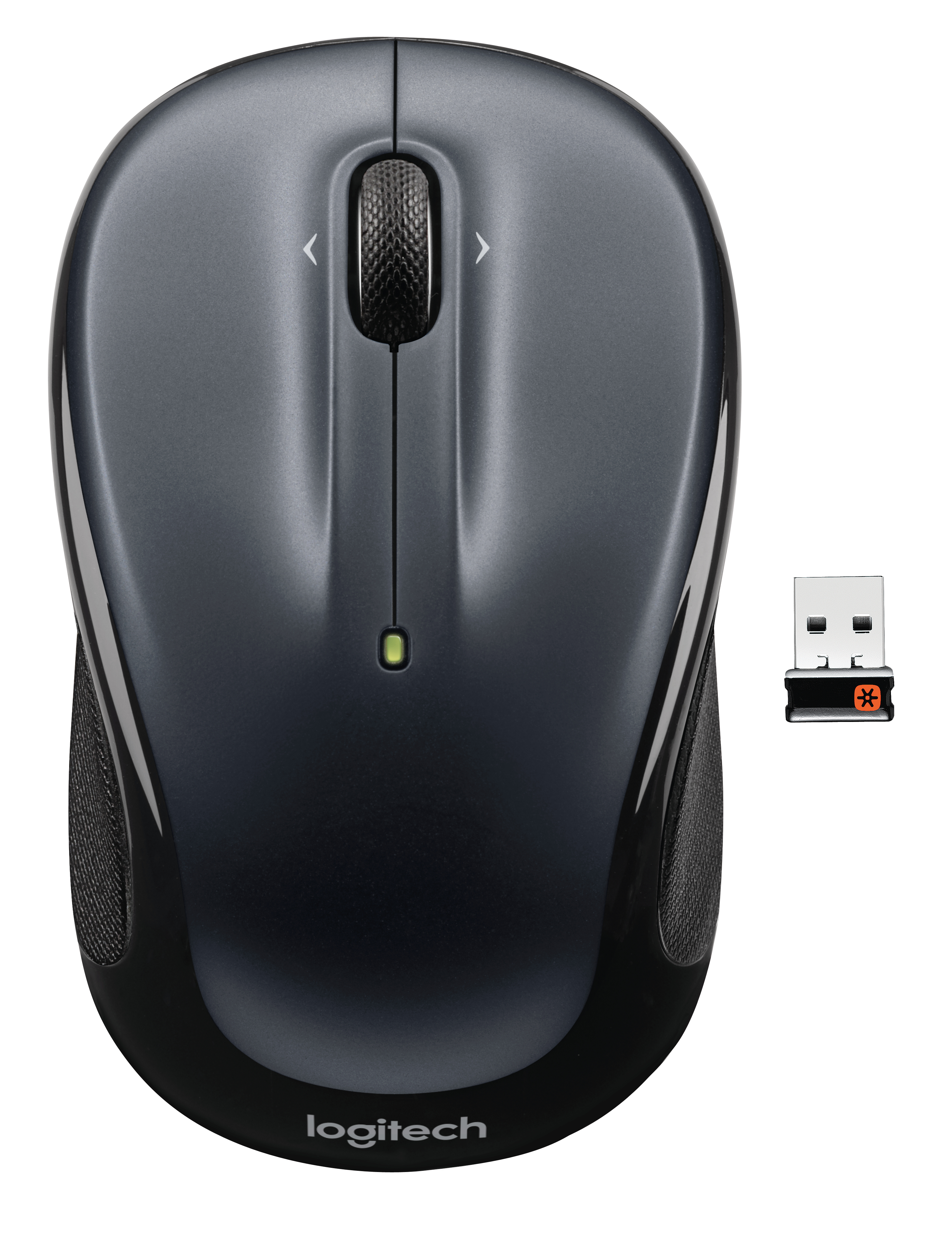 Eine dunkelgraue kabellose Logitech-Maus mit Scrollrad und USB-Empfänger.