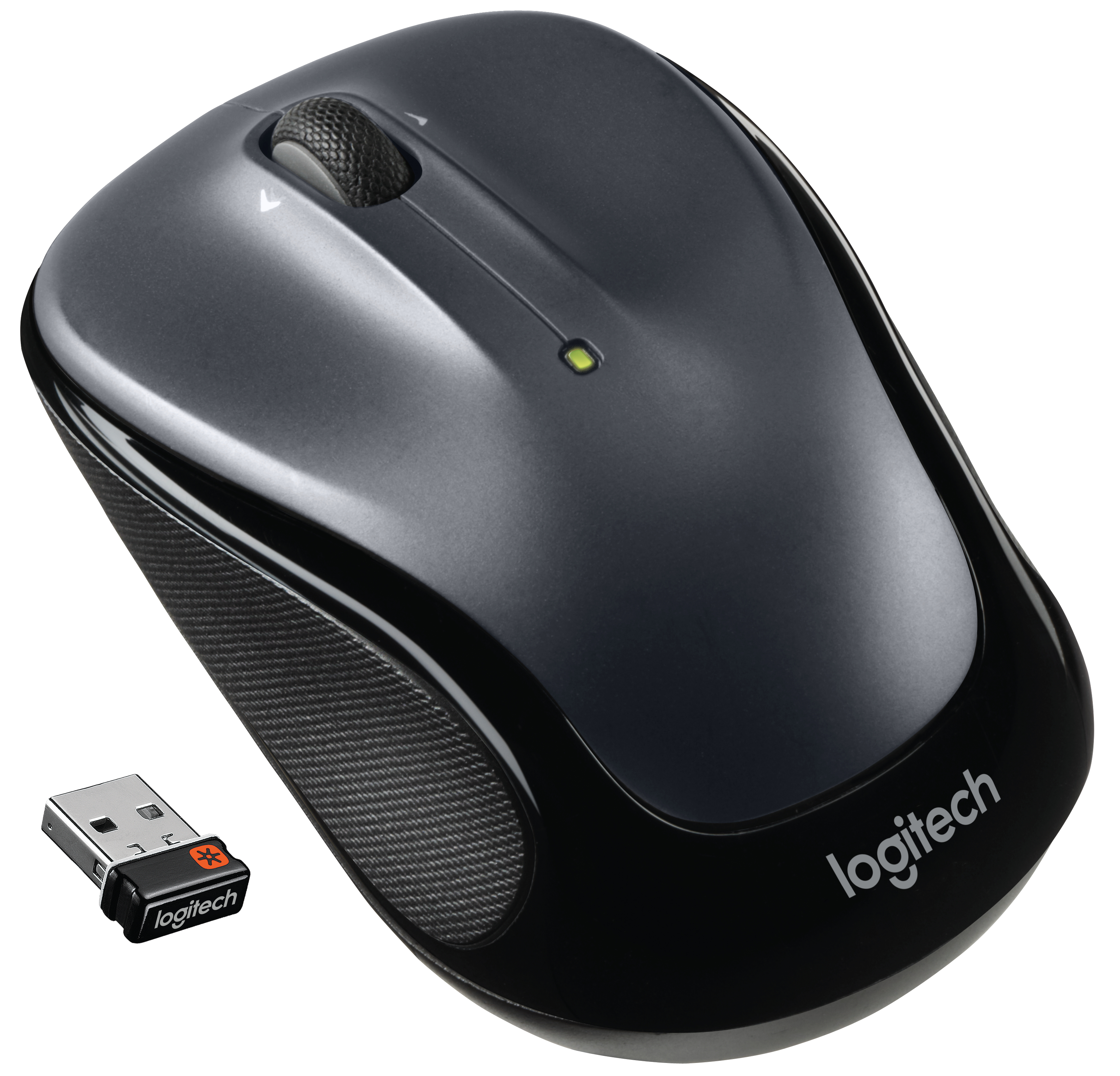 Schwarz-graue kabellose Computermaus mit USB-Empfänger. Logitech-Marke sichtbar.