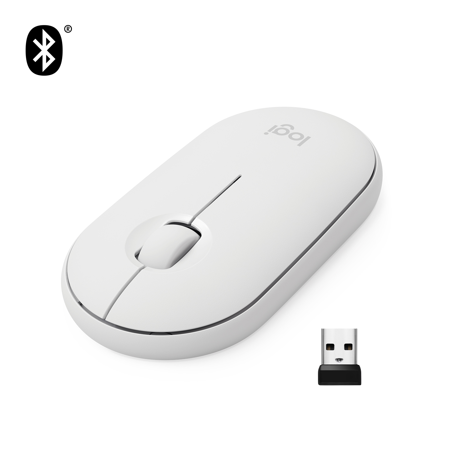 Mouse Bluetooth Logitech bianco con ricevitore USB. Il mouse ha una rotella e un logo.