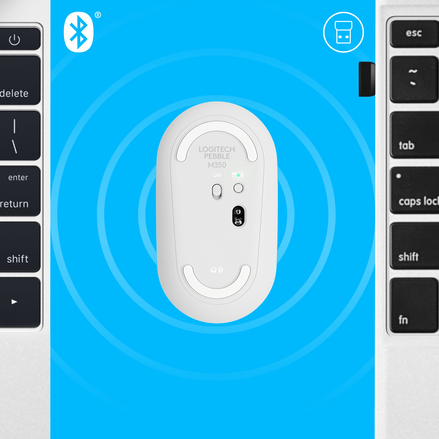 Mouse Logitech Pebble M350 bianco su sfondo blu, con tasti della tastiera.