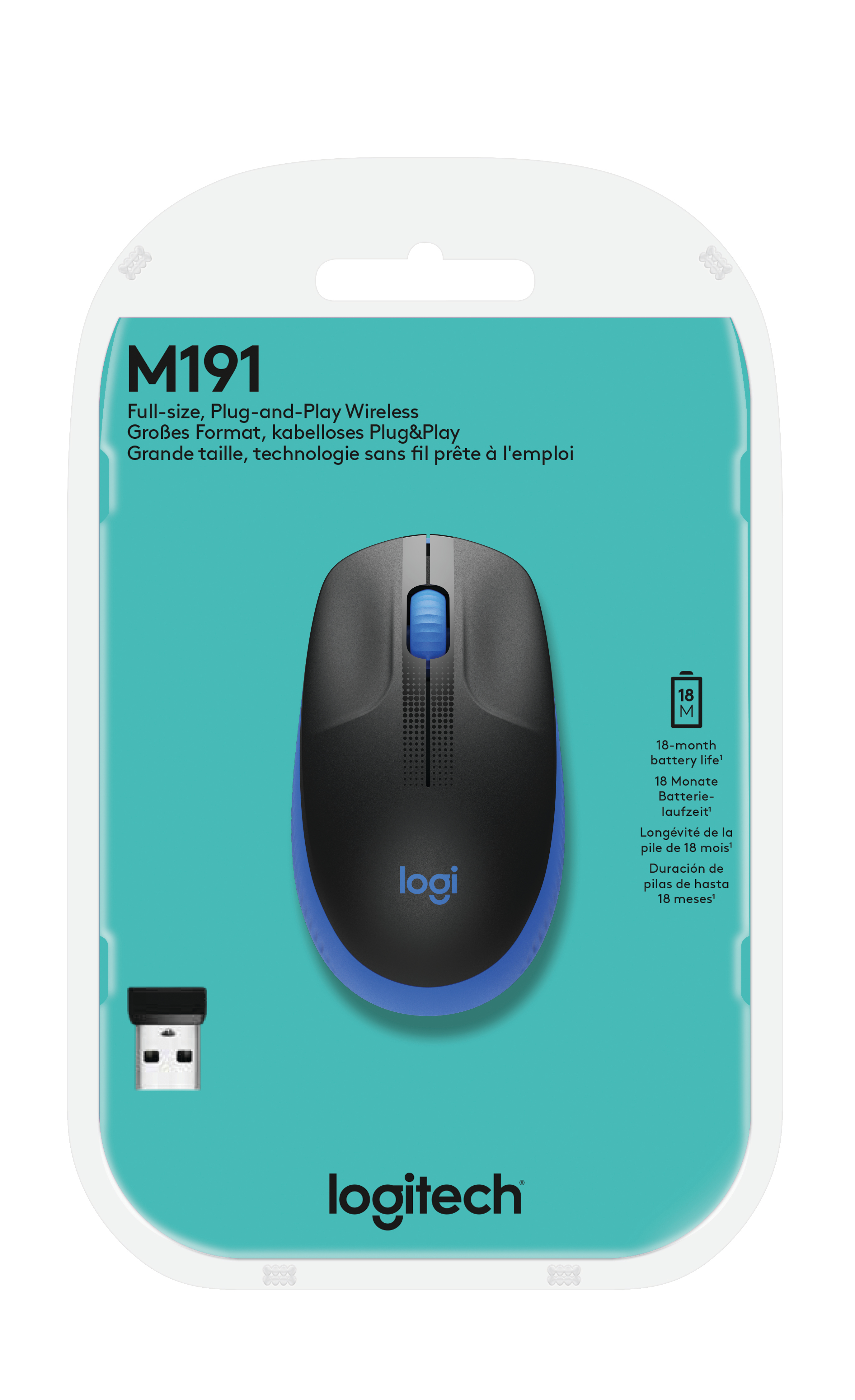 Paketinde Logitech M191 kablosuz fare. Siyah ve mavi, USB alıcılı.