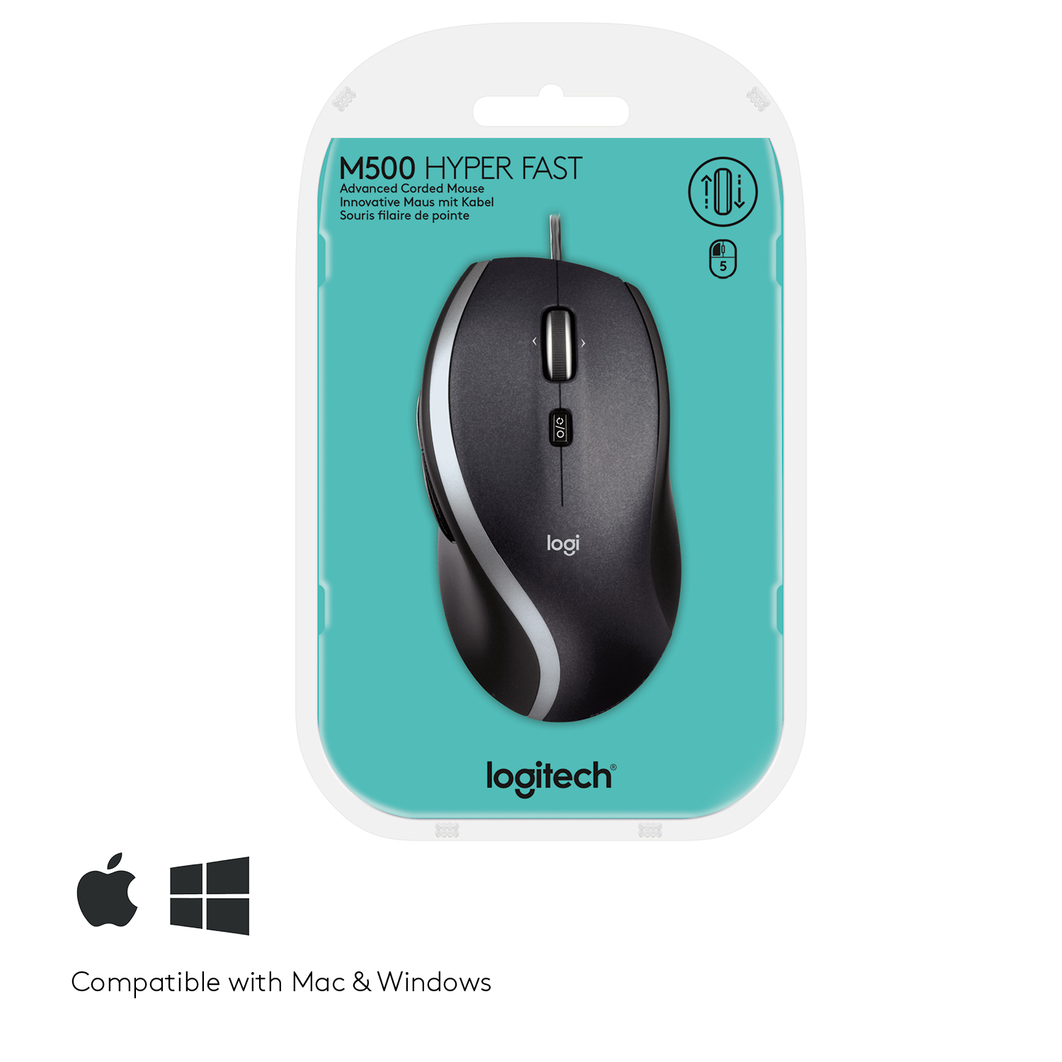 Maus in einer Verpackung mit dem Text 'M500 HYPER FAST' und 'logitech' unten.