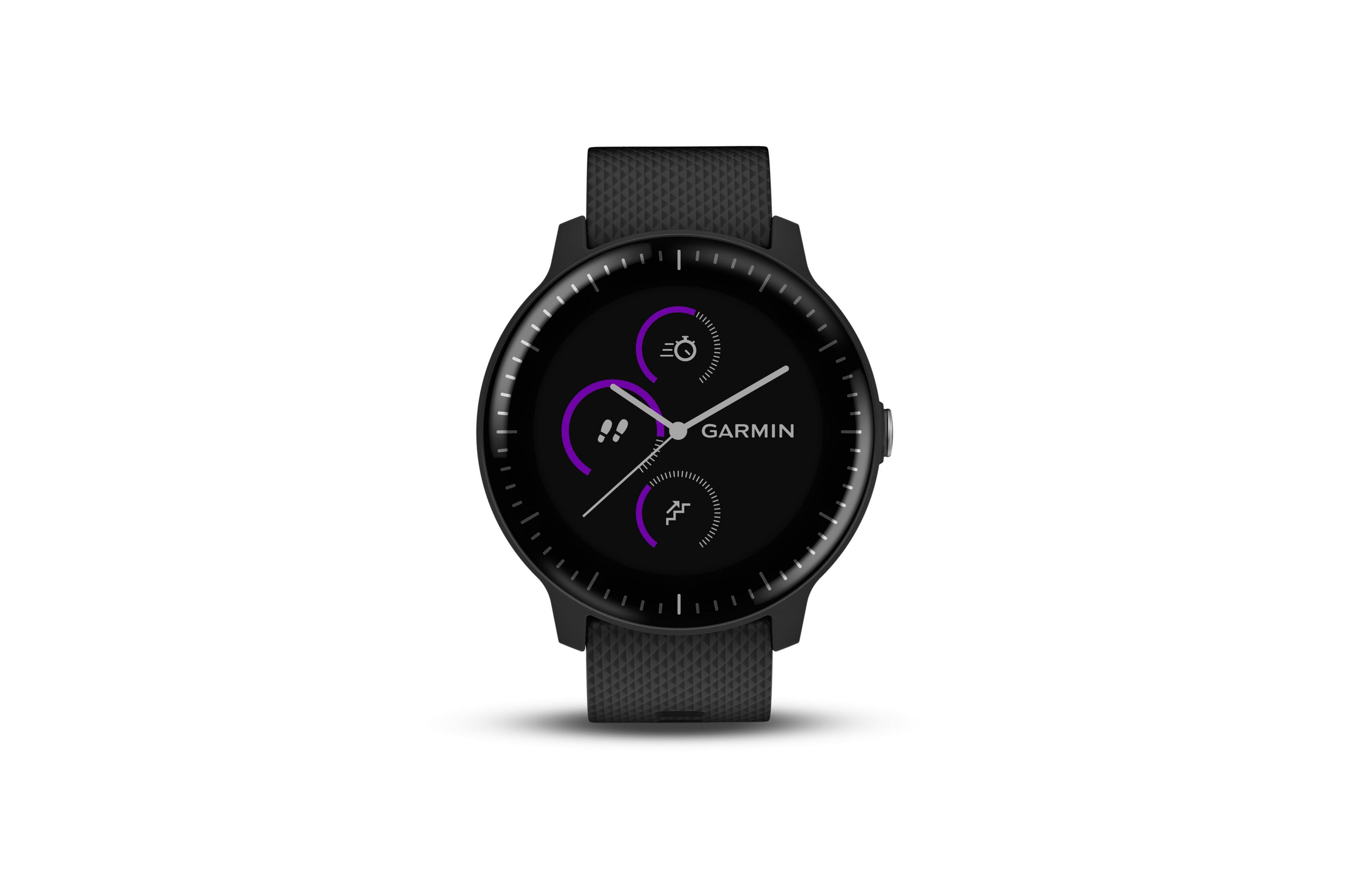 Schwarze Garmin Smartwatch. Drei kreisförmige Anzeigen auf dem Zifferblatt. Schwarzes Armband und Gehäuse.