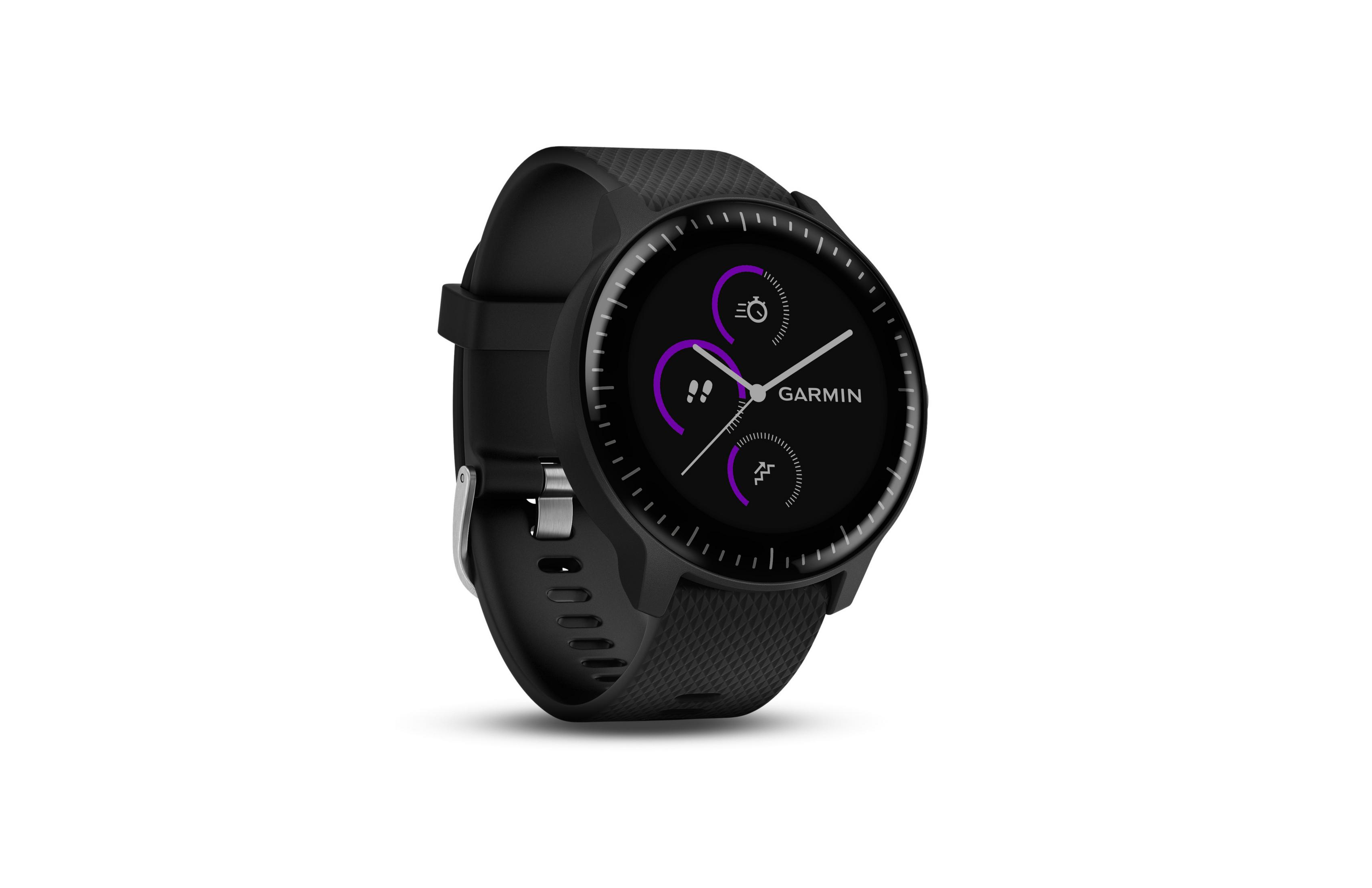 Schwarze Garmin Smartwatch mit rundem Zifferblatt, zeigt Daten und Uhrzeit an. Schwarzes Armband.