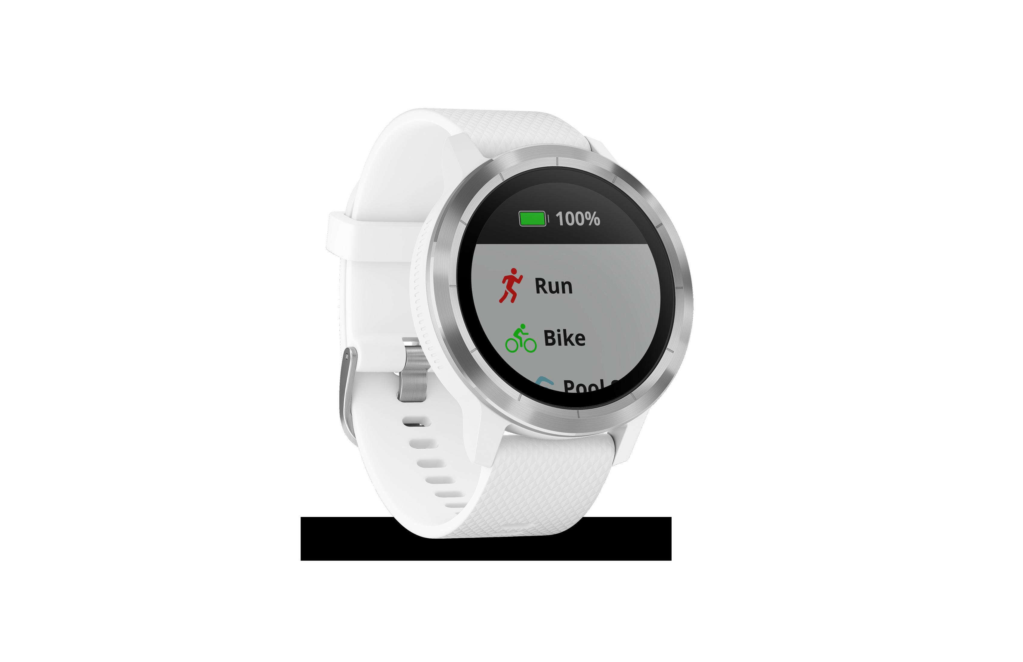 Eine weiße Garmin Smartwatch zeigt Trainingsoptionen: Laufen, Radfahren, Schwimmen. 100% Akku.