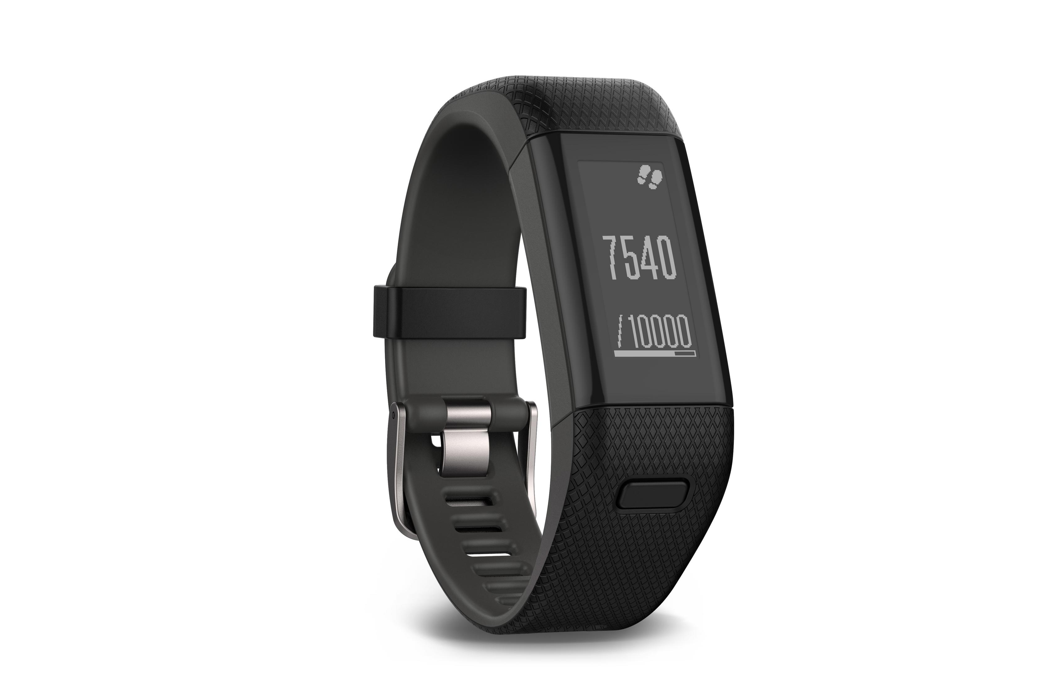 Schwarzer Fitnesstracker, der Schritte und Fortschritt auf weißem Hintergrund anzeigt.
