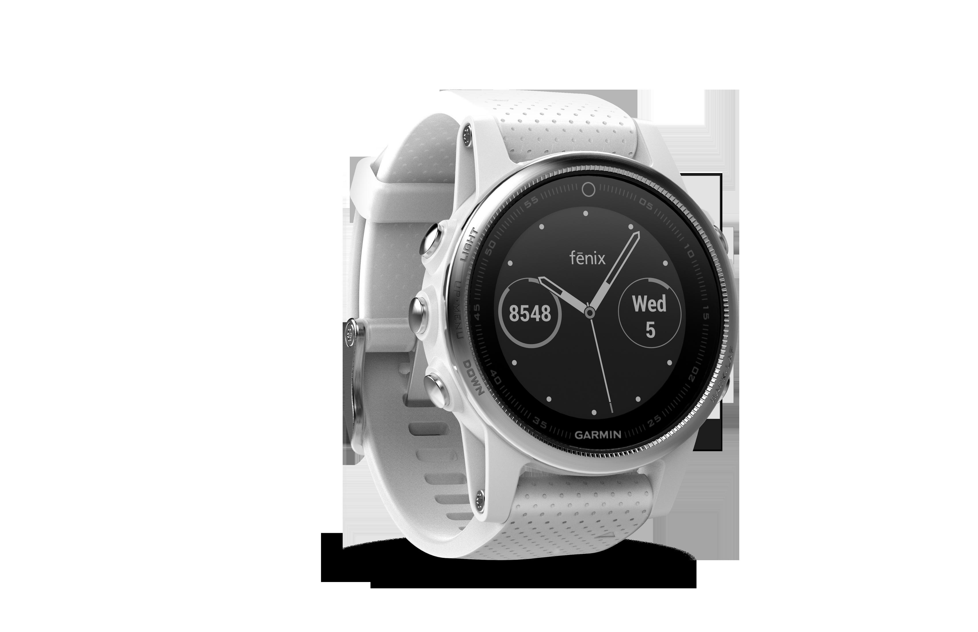 Eine weiße Garmin-Uhr mit einem schwarzen Bildschirm, der Zeit, Schritte und Wochentag anzeigt.