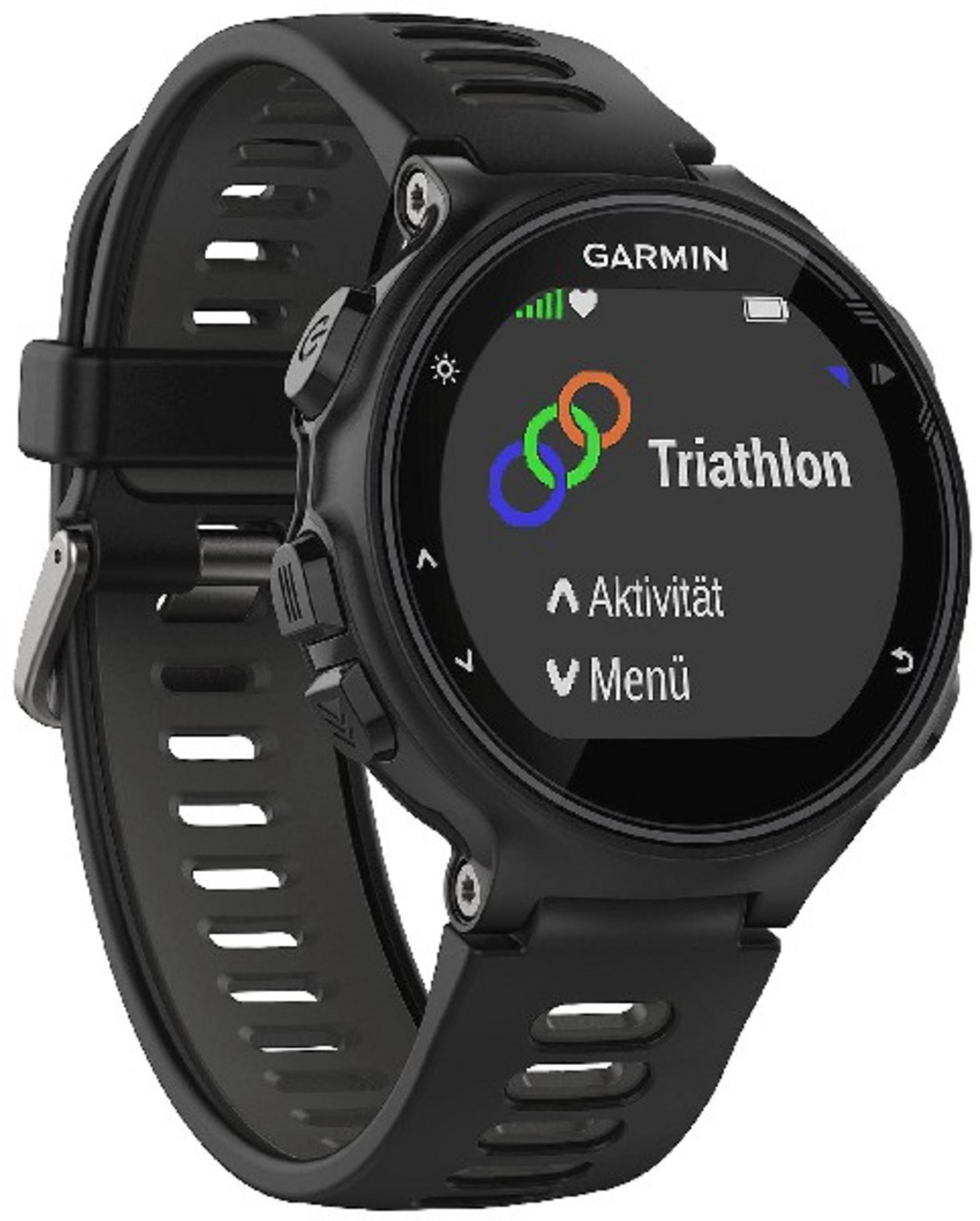Schwarze Garmin Smartwatch mit rundem Bildschirm, der eine Triathlon-Grafik und Menüoptionen zeigt.