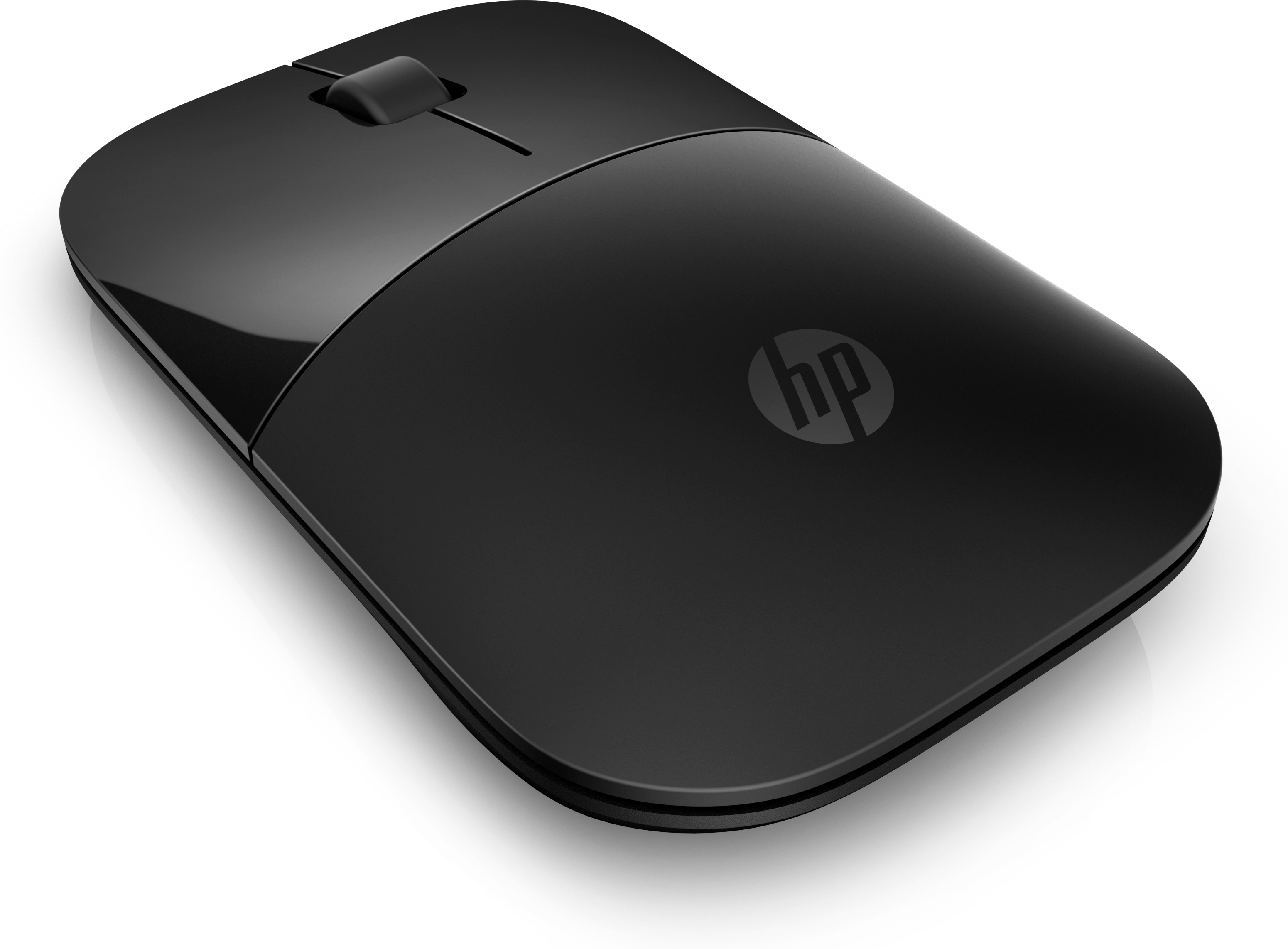 Souris sans fil HP noire, vue de dessus, avec finition brillante, fond blanc.