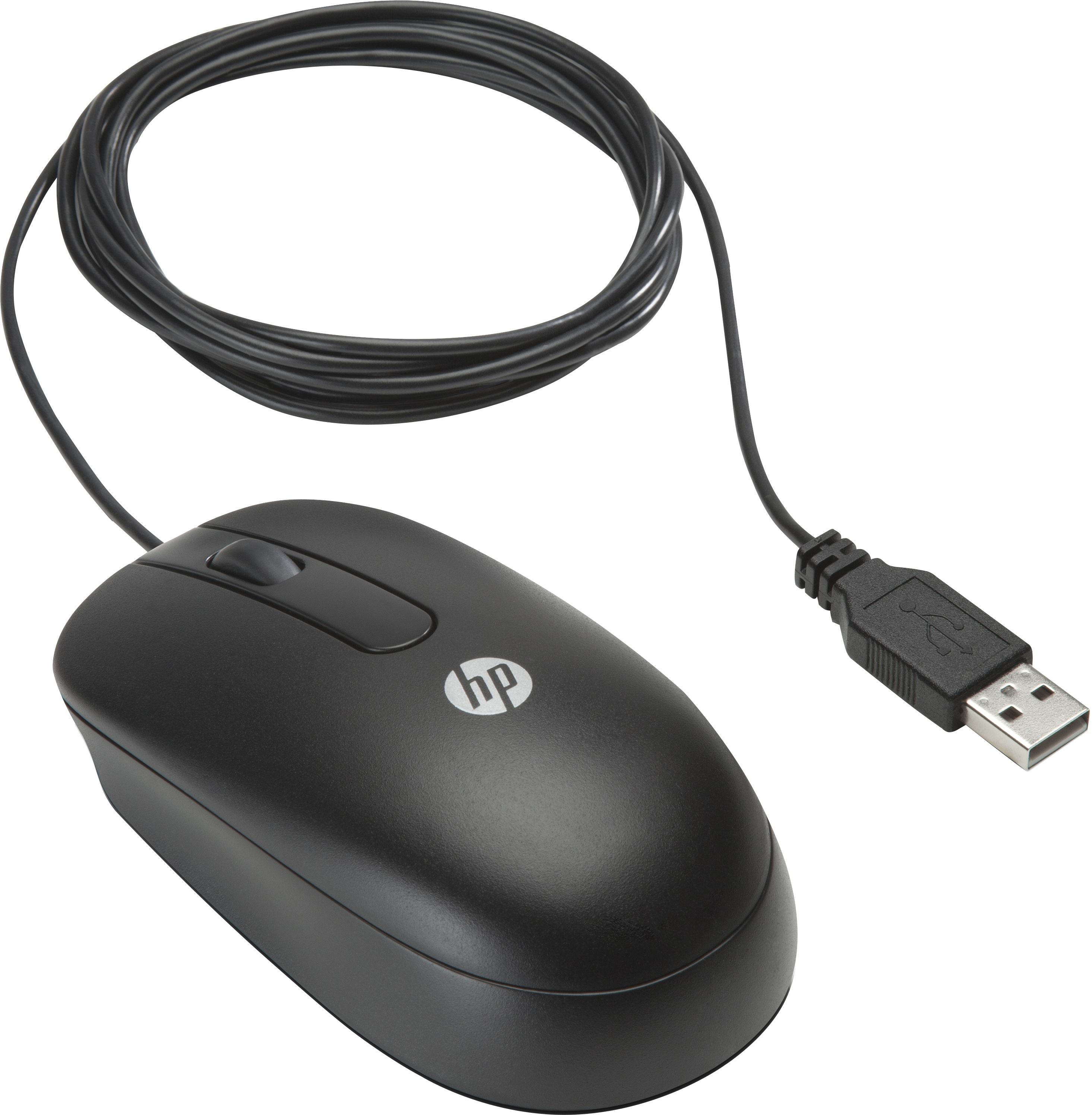 Black computer mouse with a cord and USB connector.