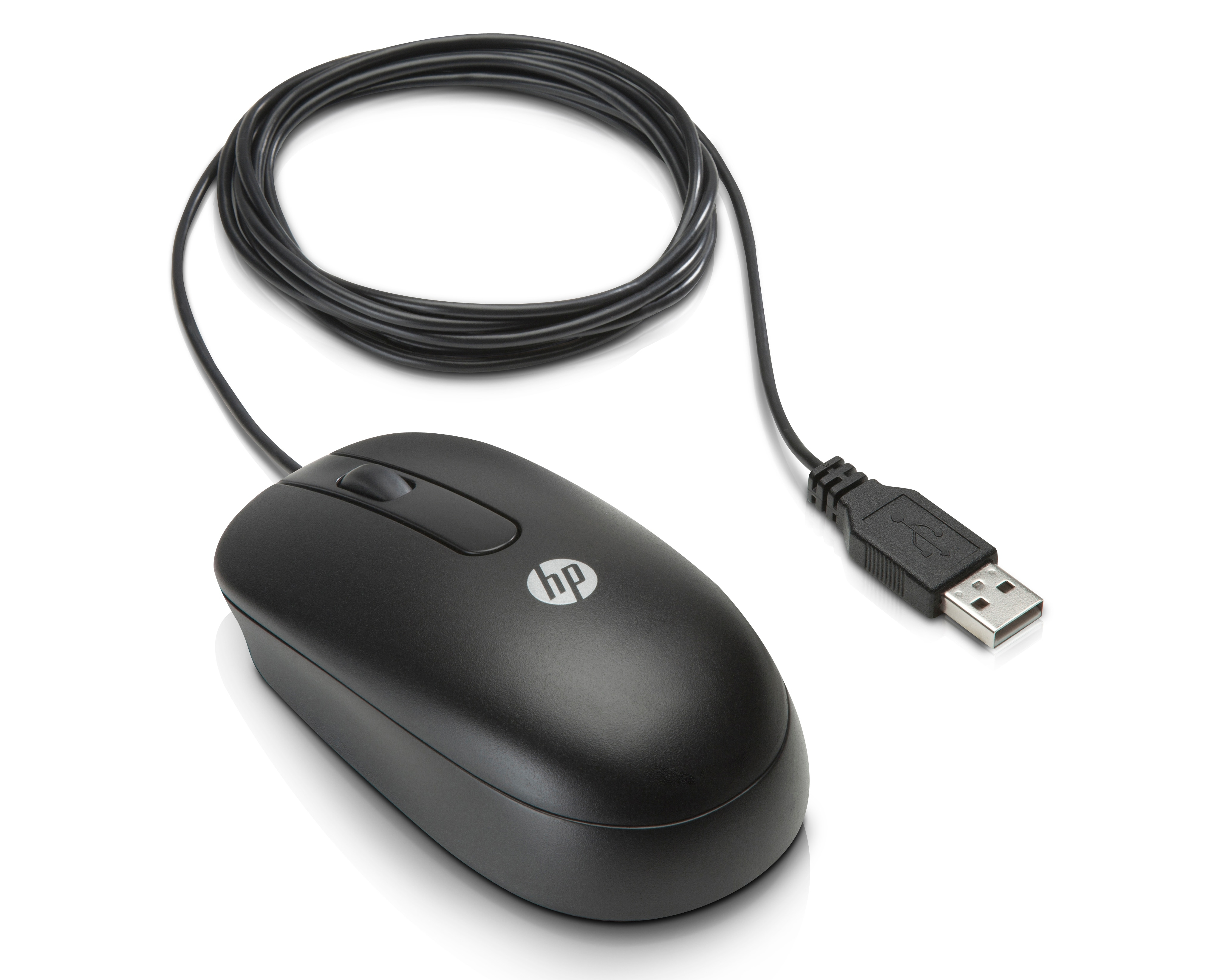 A black HP mouse connected to a USB cable.