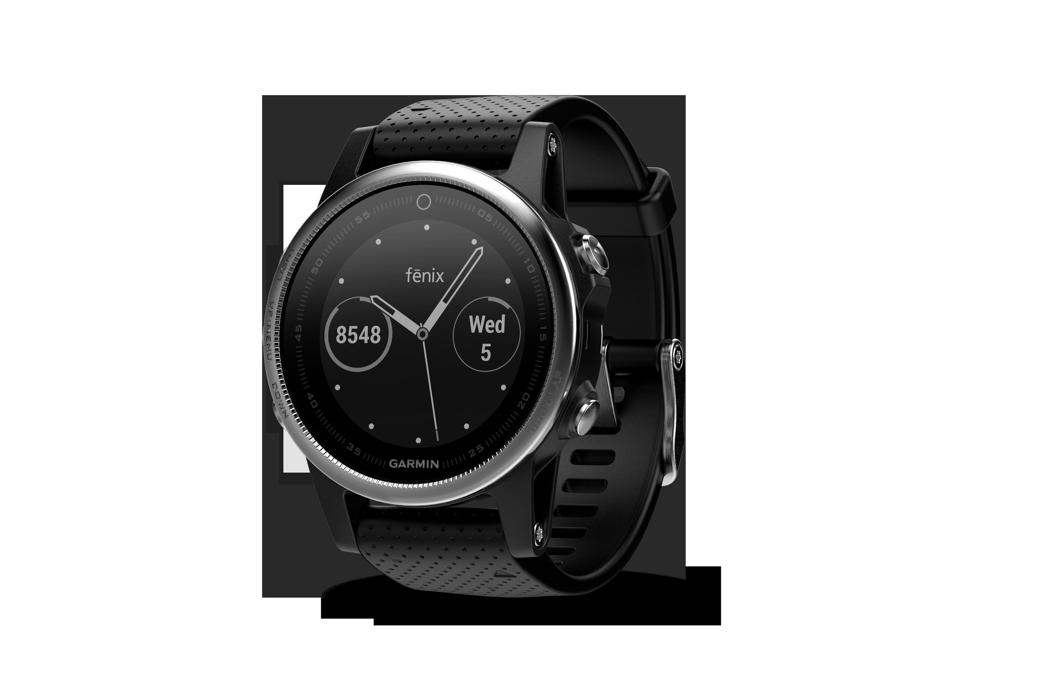 Eine schwarze Garmin Fenix Uhr mit schwarzem Armband, die Datum, Uhrzeit und Schritte auf dem Bildschirm anzeigt.