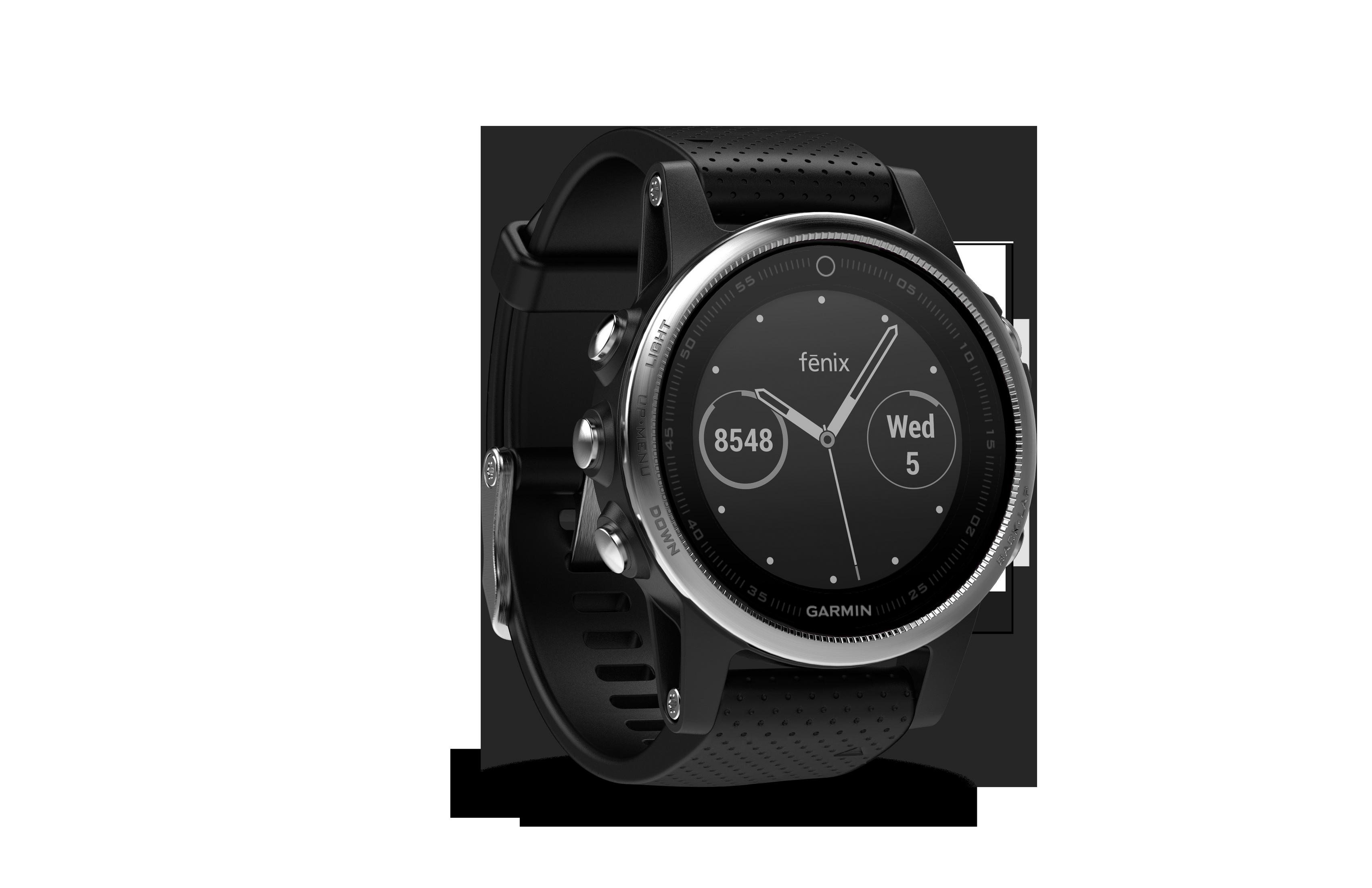 Eine schwarze Garmin Fenix Uhr mit silberner Lünette. Die Uhr zeigt die Zeit und andere Metriken an.