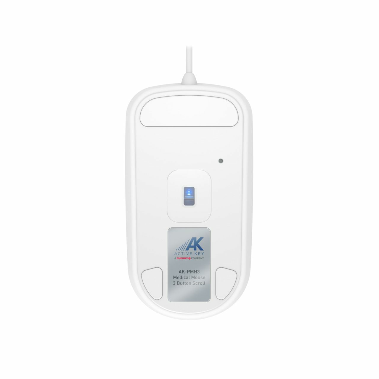 Ratón médico blanco con logo AK, modelo AK-PMH3 y scroll de 3 botones.