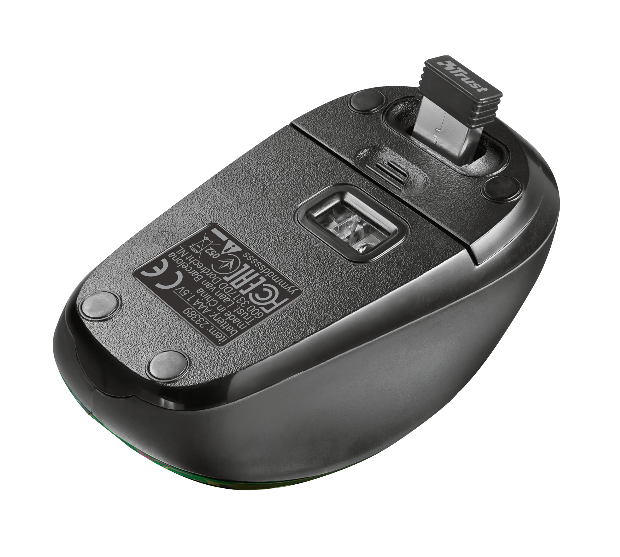 Czarna mysz ThinkPad z czerwonym przyciskiem przewijania i kluczem USB.