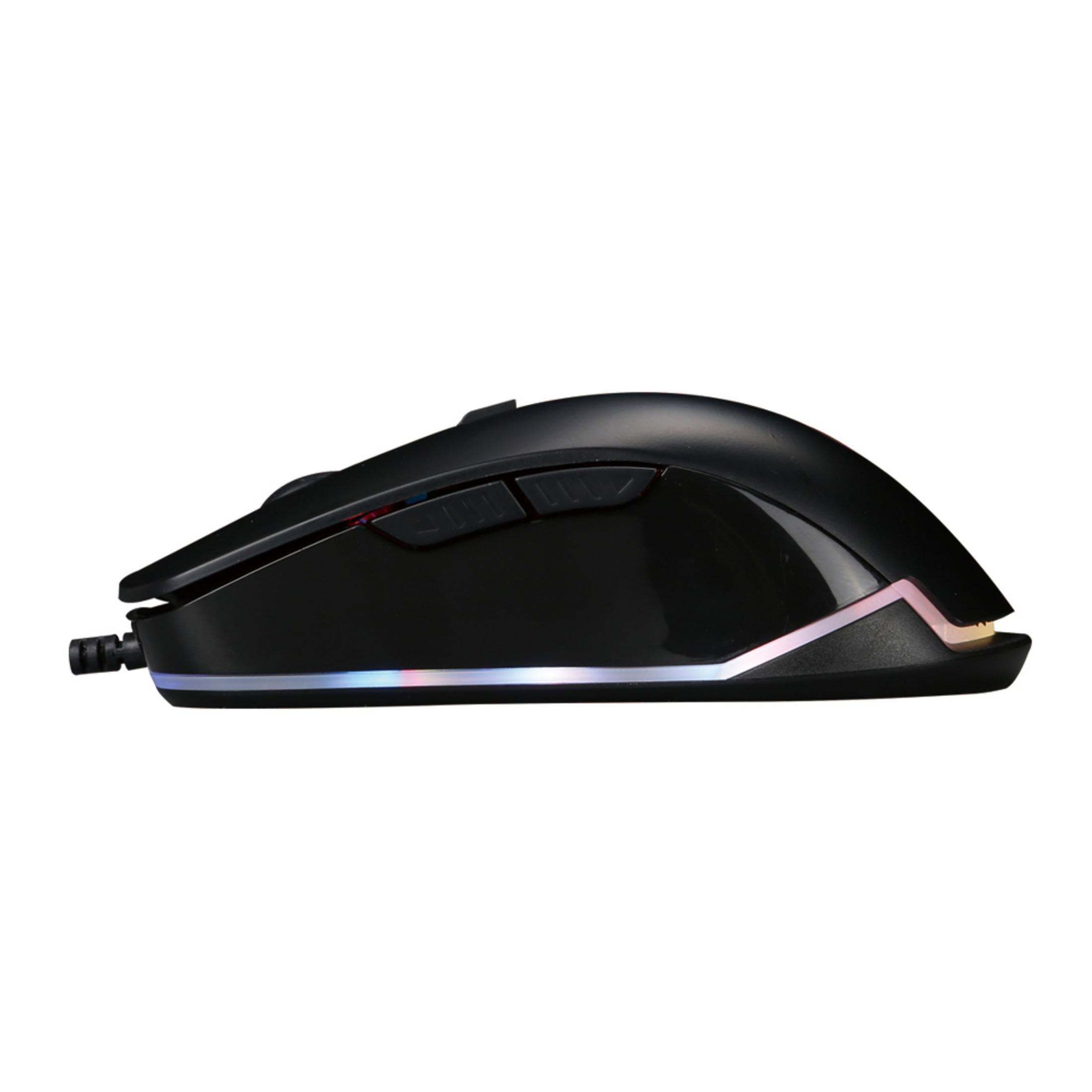 Eine schwarze Gaming-Maus mit Seitentasten und einem Kabel. Unten sind Lichter.
