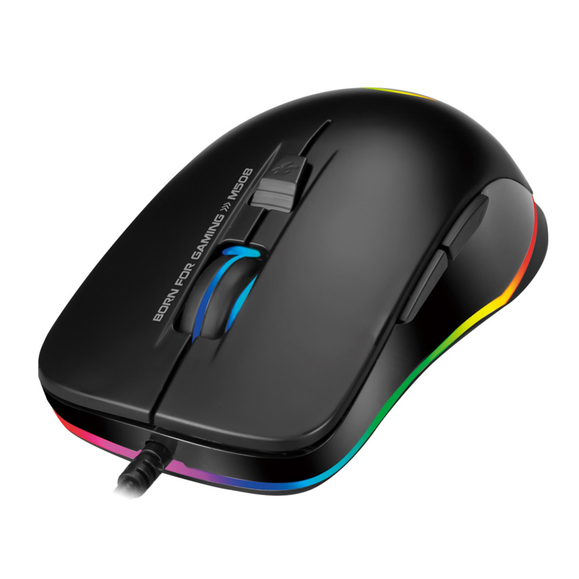 Schwarze Gaming-Maus mit RGB-Beleuchtung. Hat zwei Seitentasten und ein Scrollrad.