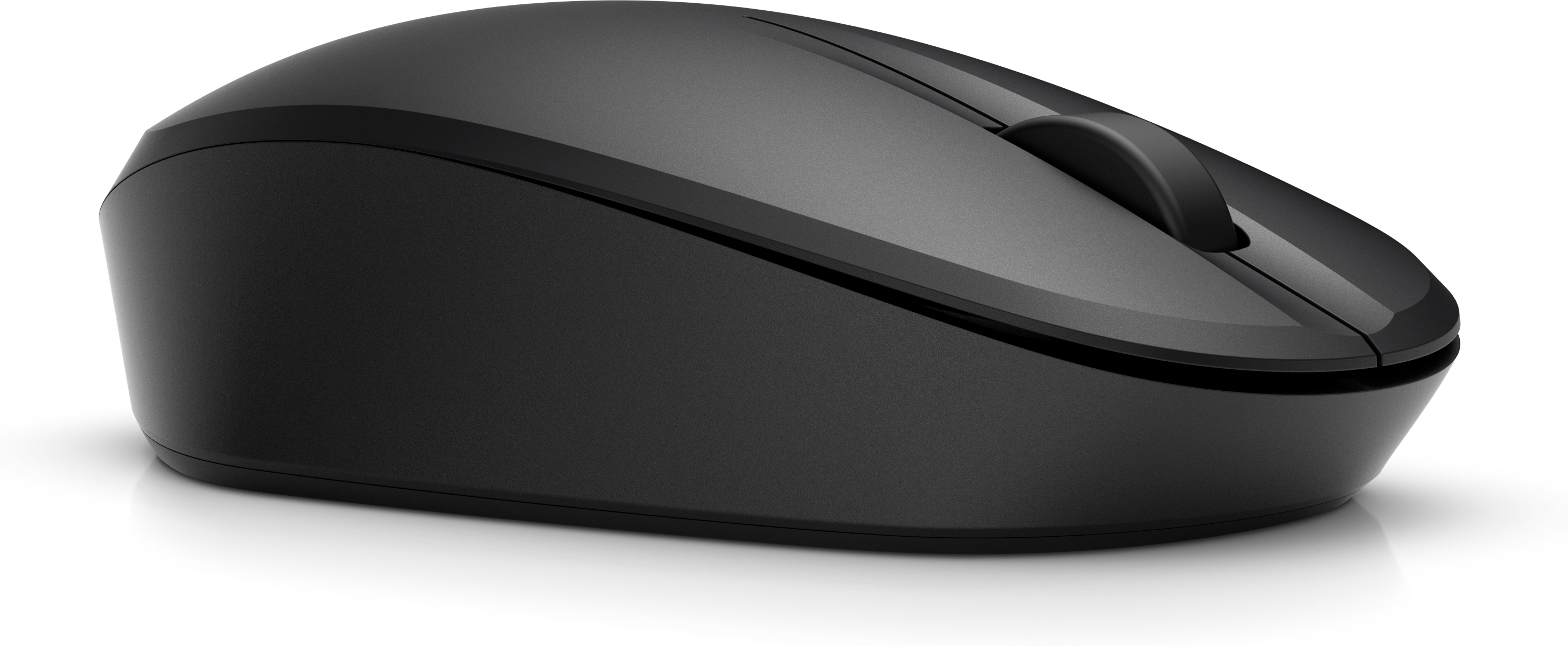 Un mouse per computer wireless nero con una rotella di scorrimento e un design aerodinamico, visto da un'angolazione laterale.
