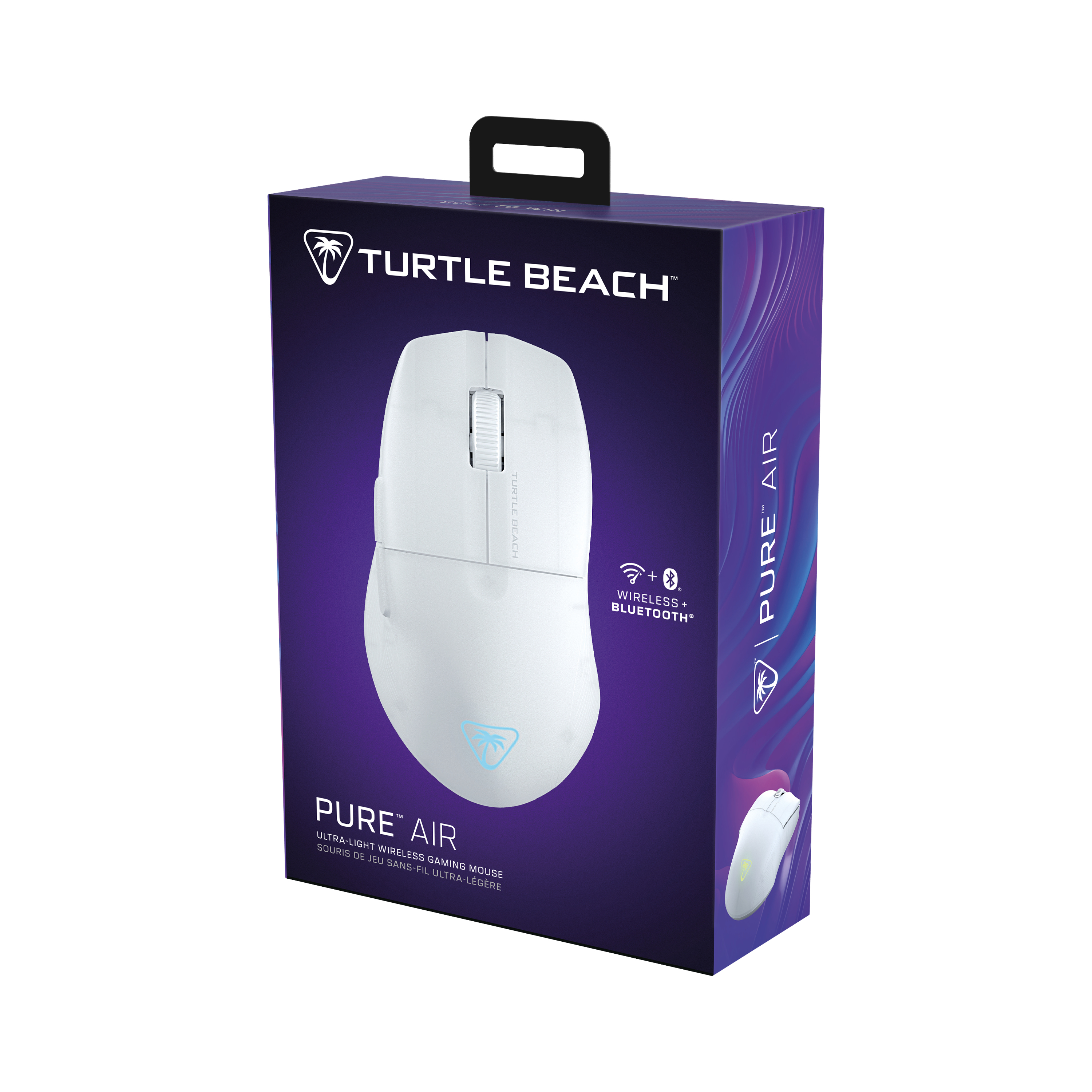 Weiße Gaming-Maus in einer Box mit "Turtle Beach" und "PURE AIR" Branding. Es ist kabellos.