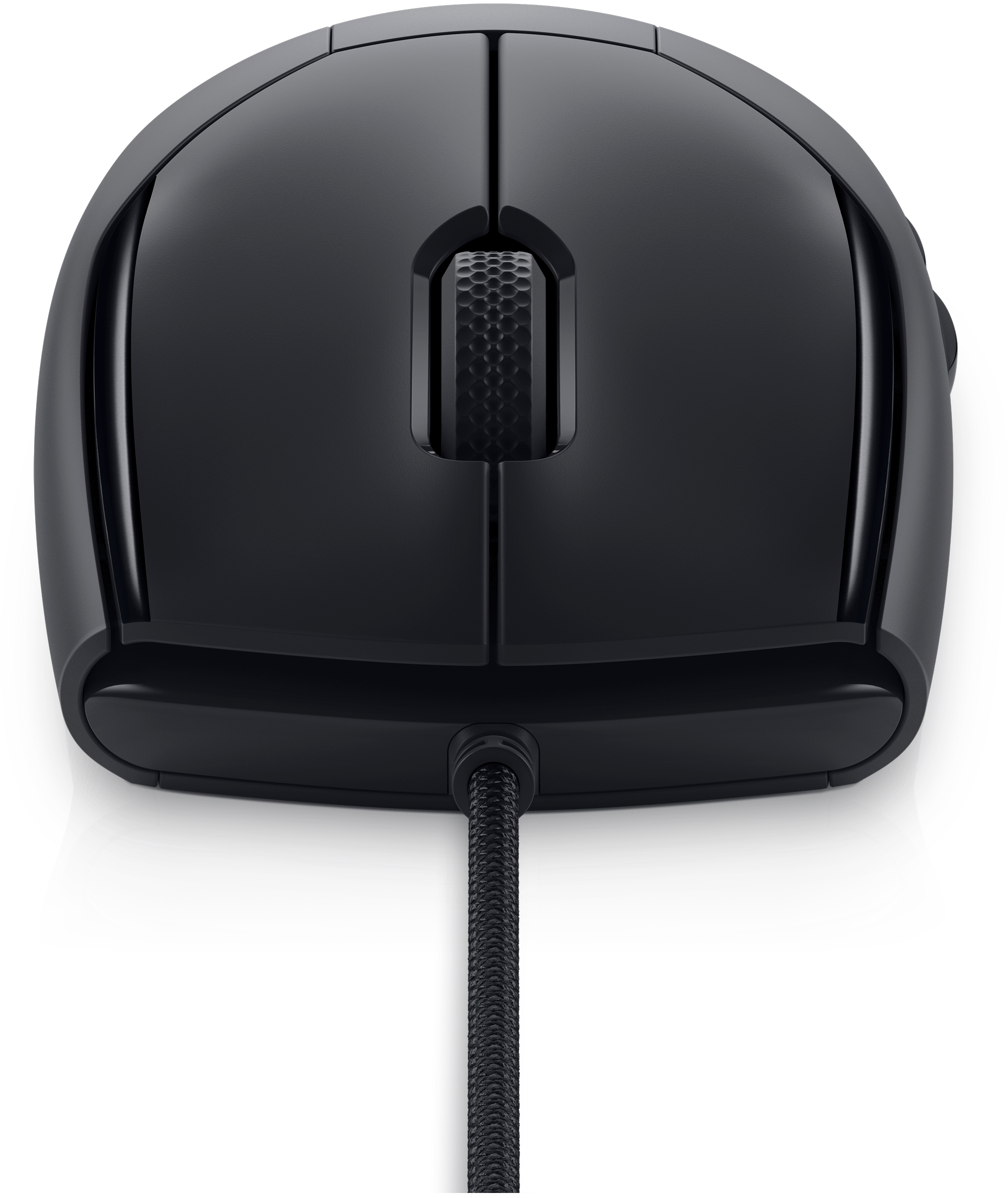 Schwarze Computermaus mit strukturiertem Scrollrad und geflochtenem Kabel.