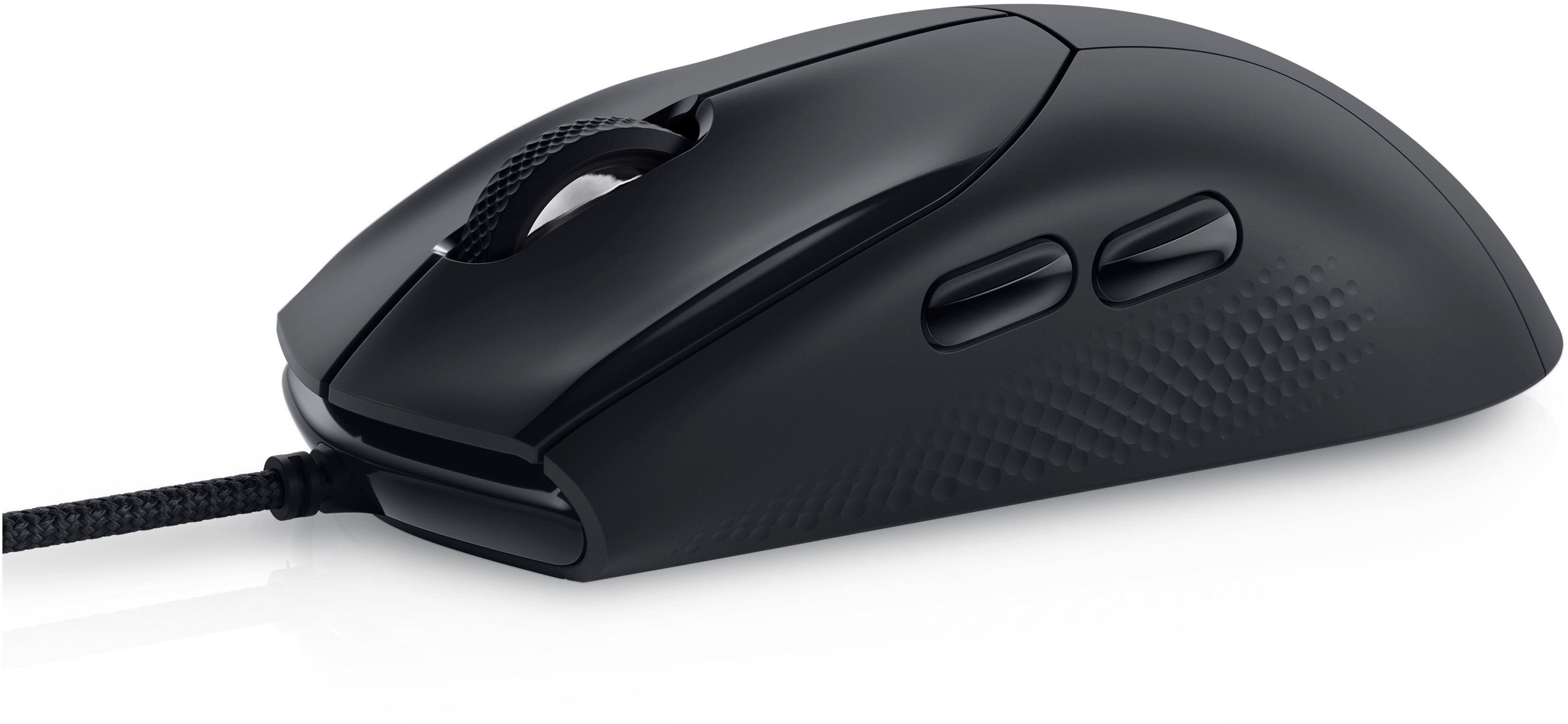 Schwarze Gaming-Maus mit geflochtenem Kabel und Seitentasten.