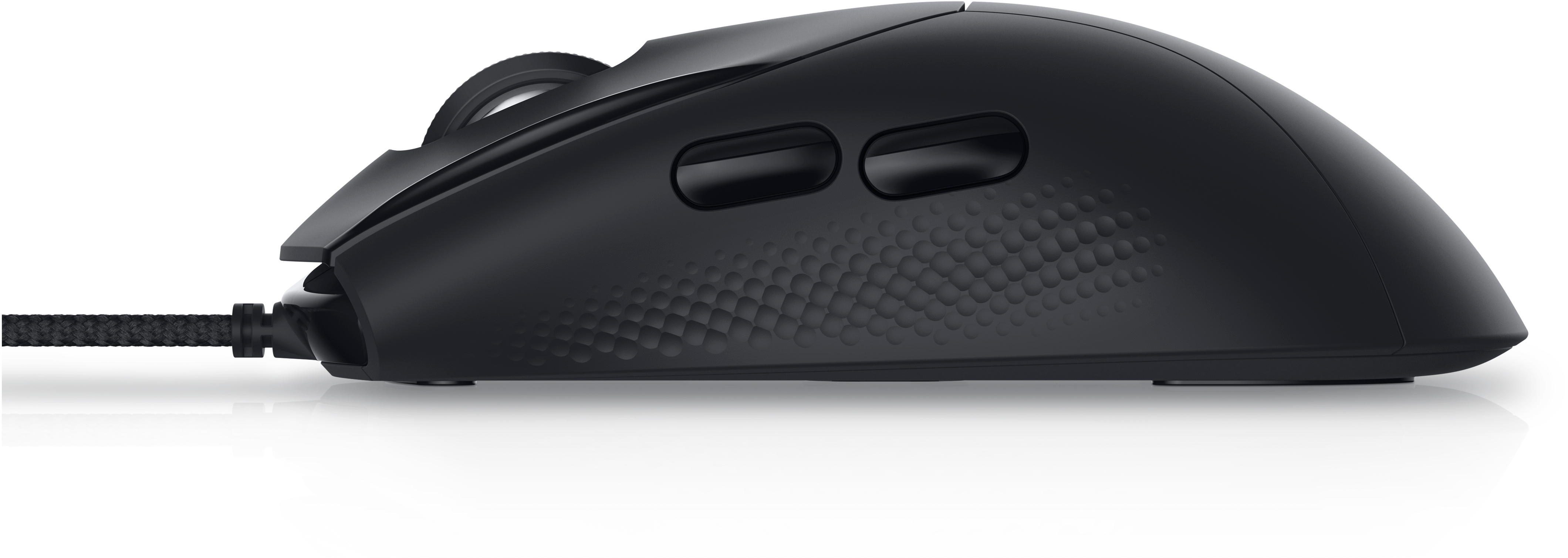 Schwarze Gaming-Maus von der Seite. Zwei Seitentasten und strukturierter Griff.