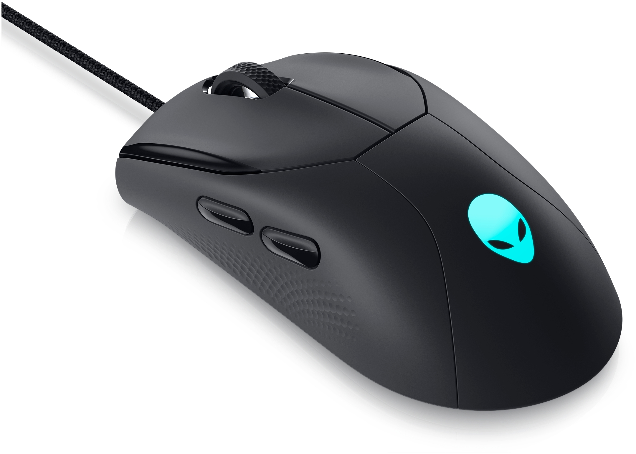 Schwarze Alienware Gaming-Maus mit Seitentasten und Alien-Head-Logo, vor weißem Hintergrund.