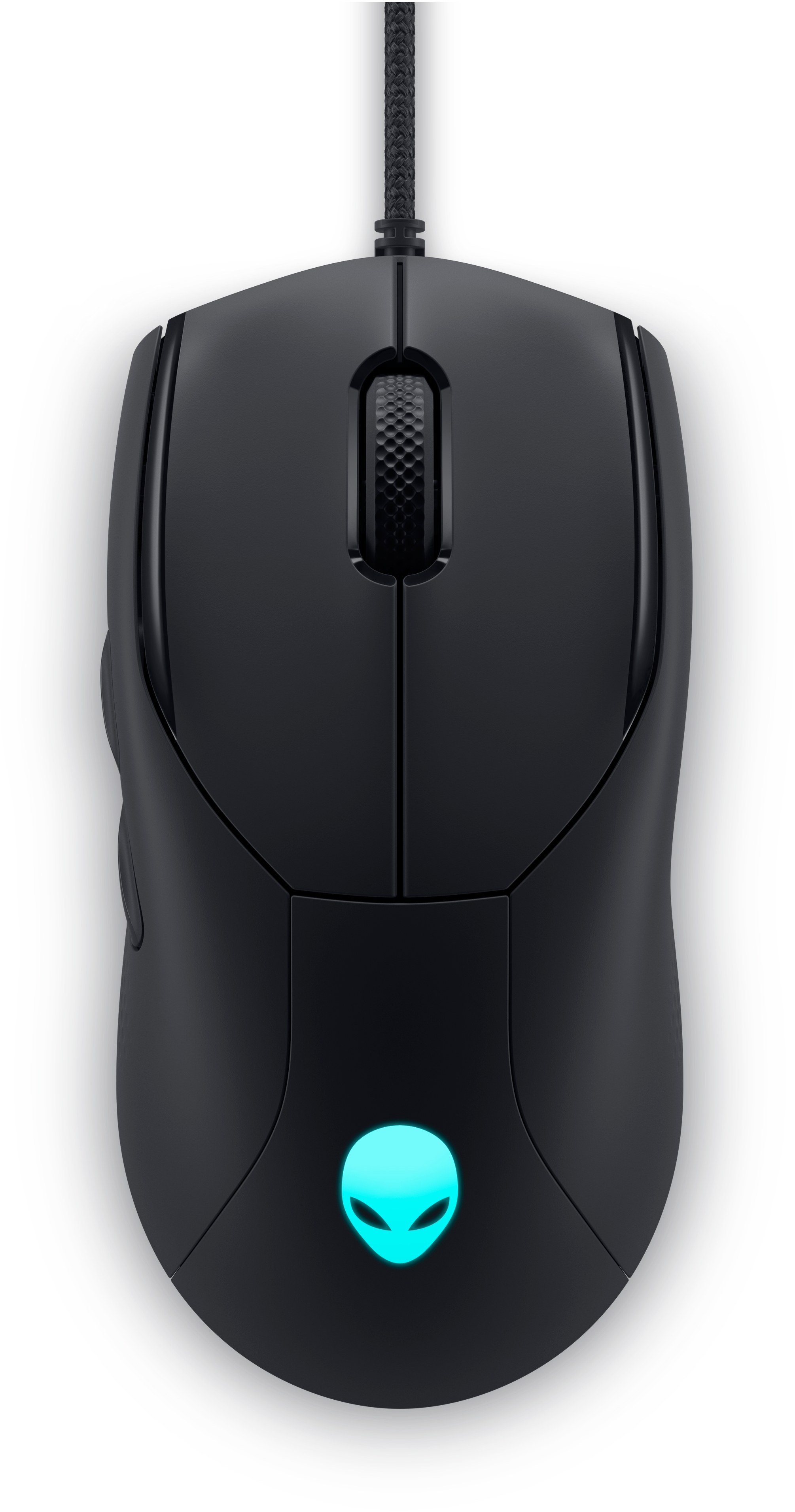 Schwarze Alienware-Maus. Draufsicht. Alien-Kopf-Logo blau beleuchtet.