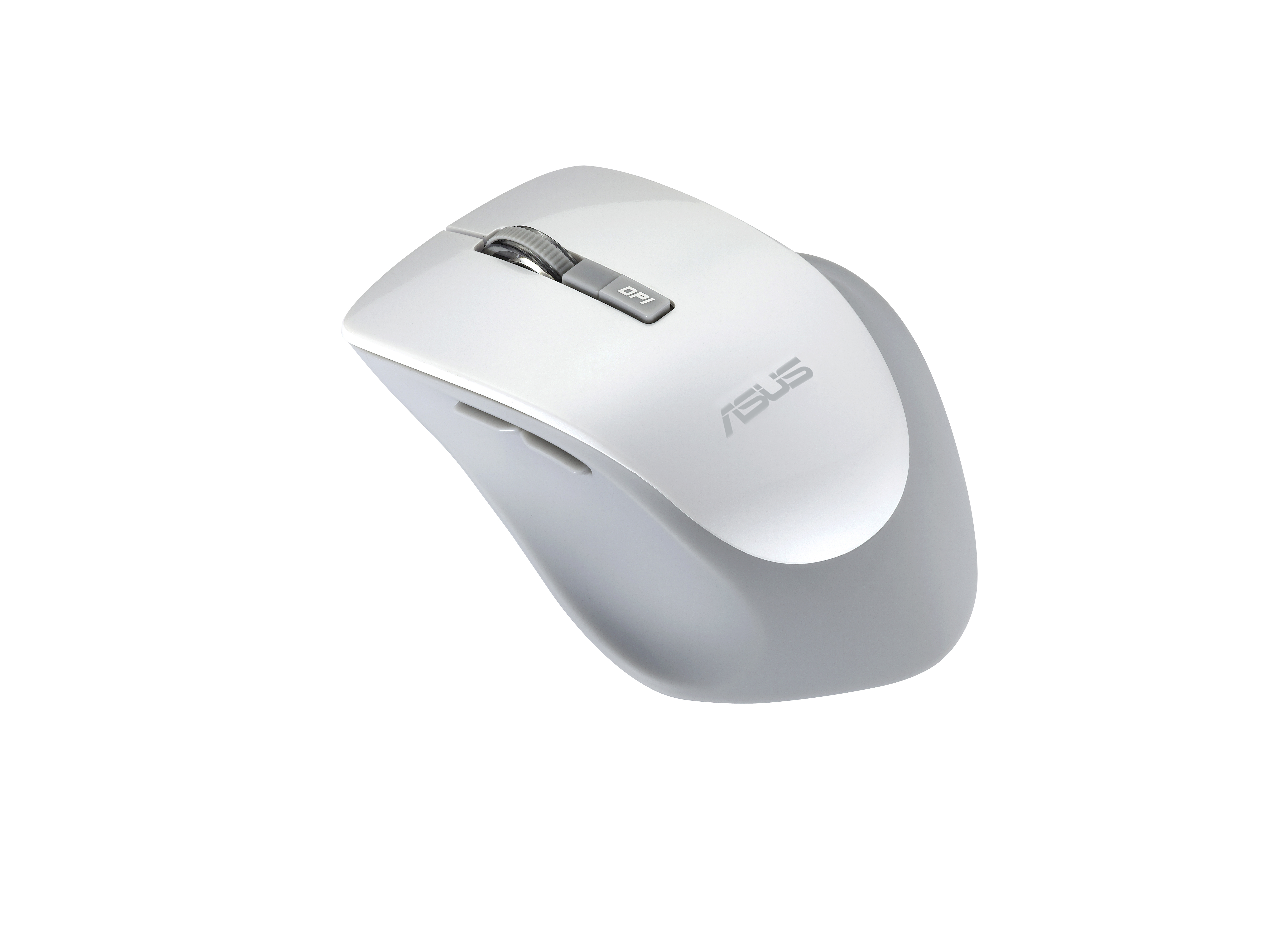 Eine weiße und graue ASUS-Funkmaus. Das Scrollrad befindet sich in der Mitte der Maus.