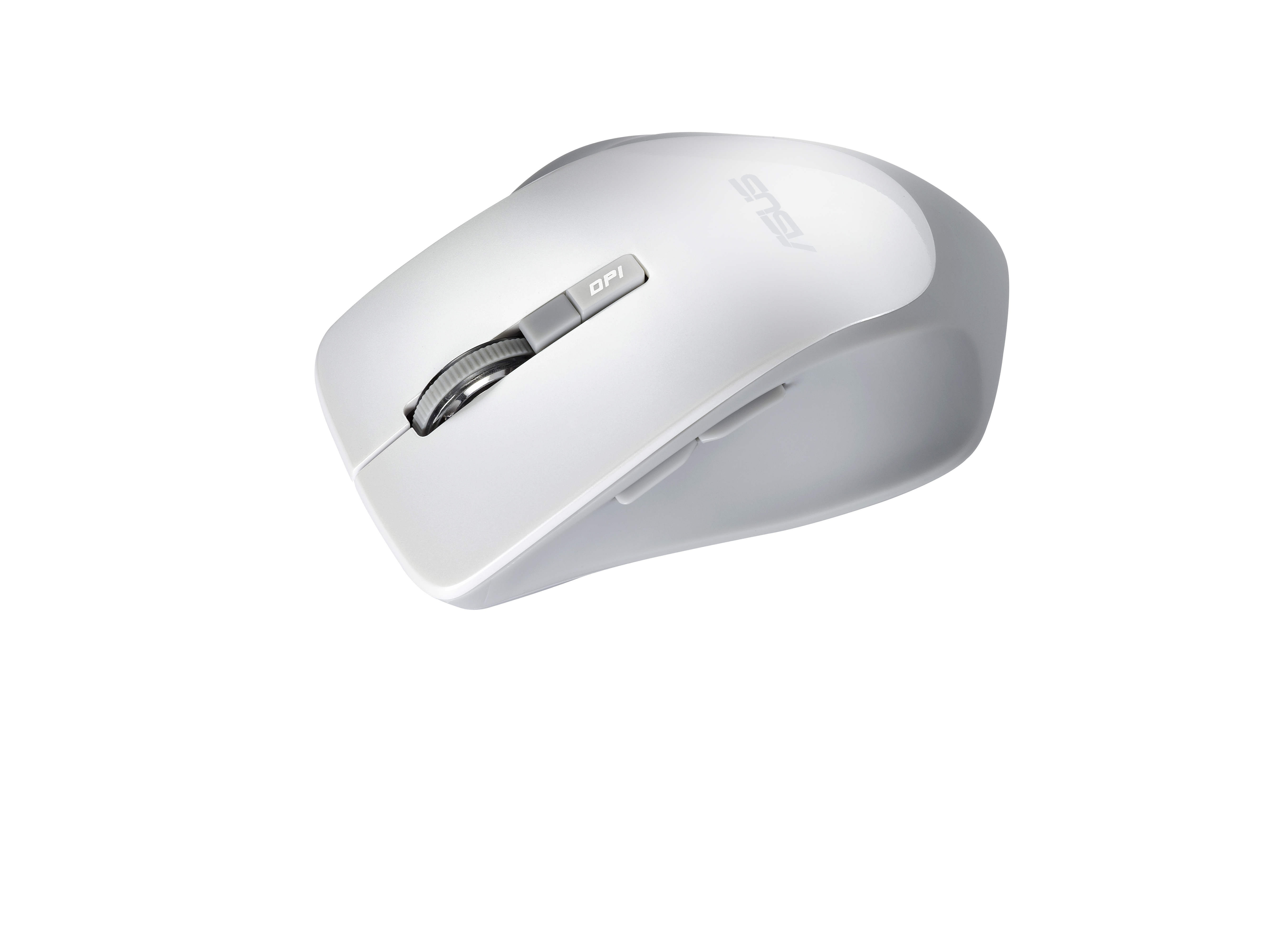 Weiße und graue kabellose Maus auf weißem Hintergrund. ASUS-Logo sichtbar. DPI-Taste gezeigt.