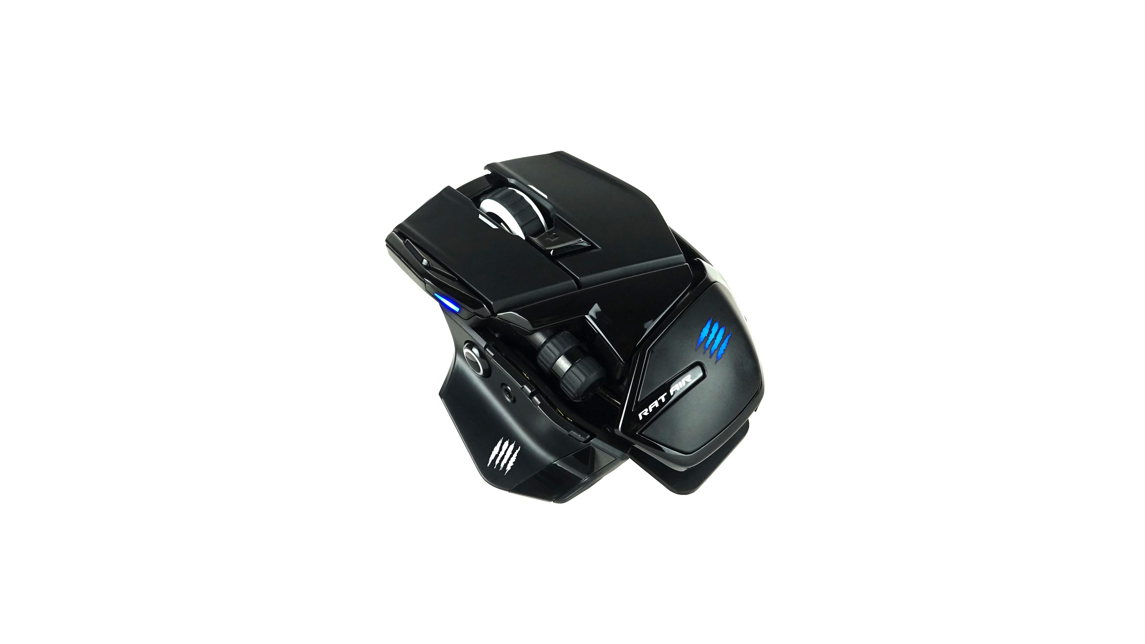 Eine schwarze Gaming-Maus mit blauen Lichtern und einzigartigem Design. Mehrere Tasten und strukturierter Griff.