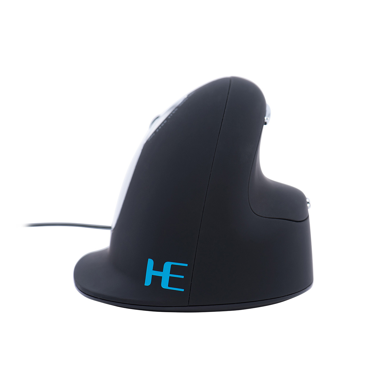 Ergonomische zwarte muis met een blauw 'HE'-logo, ontworpen voor verticale handpositie.