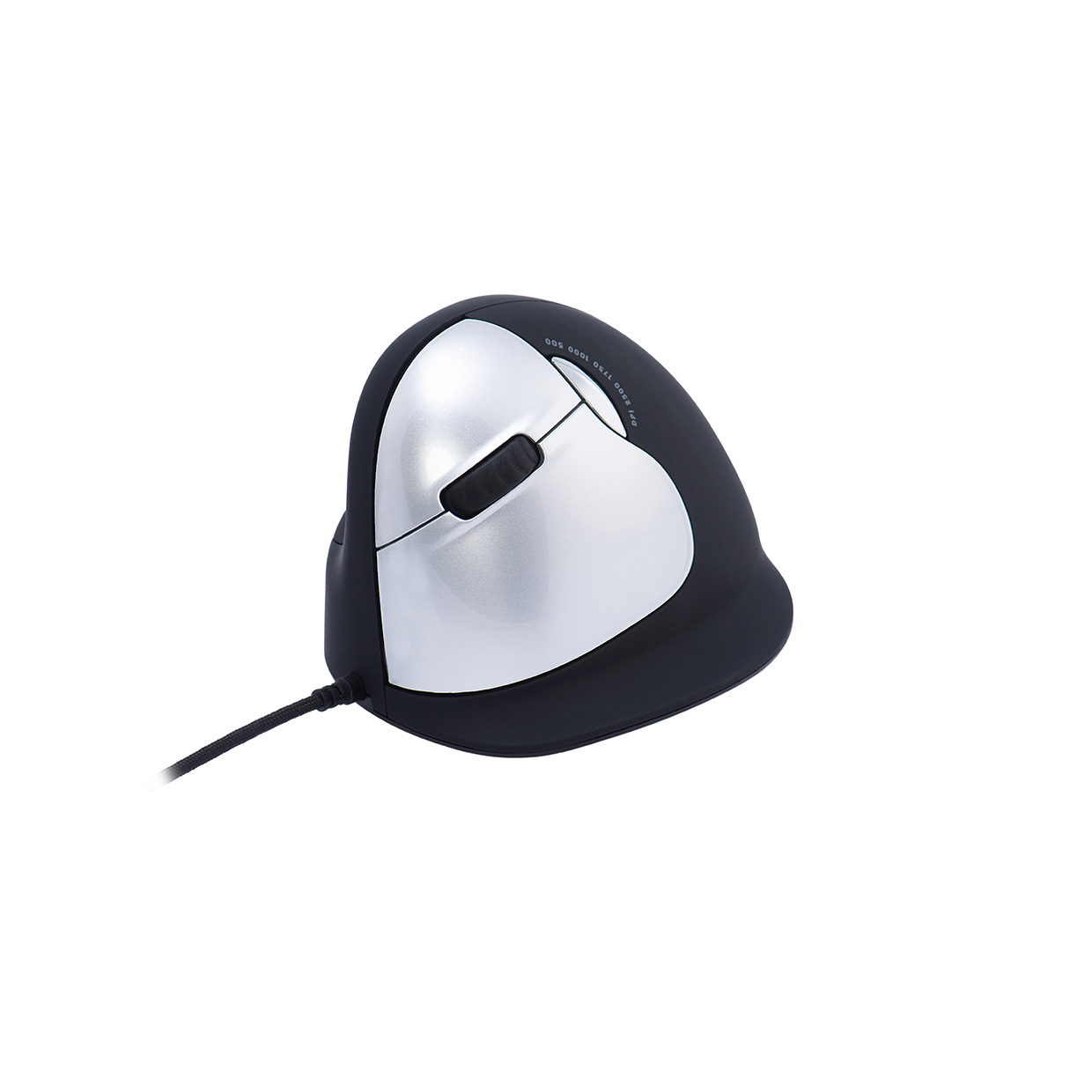 Ergonomische computermuis, zwart en zilver.