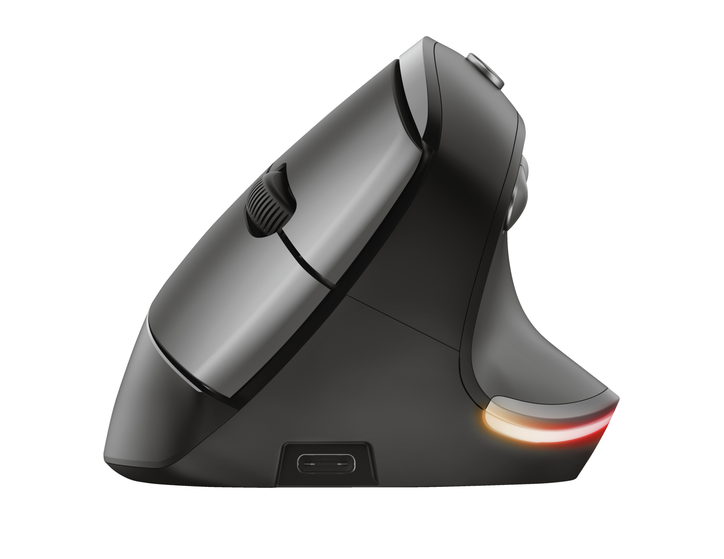 Czarna mysz pionowa z portem USB-C. Ma ergonomiczną konstrukcję z czerwonym światłem u podstawy.