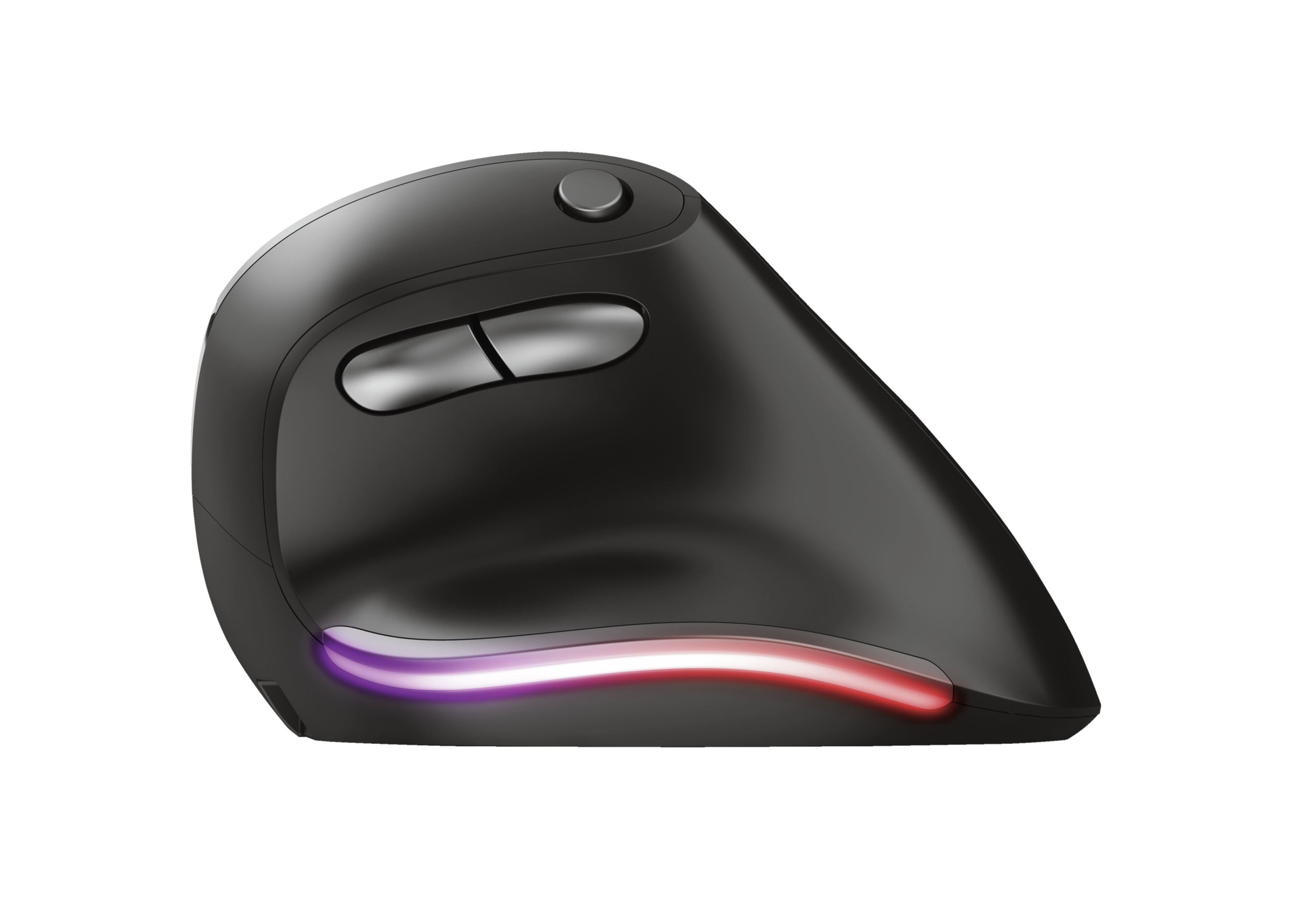 Czarna ergonomiczna mysz pionowa z dwoma przyciskami i kółkiem przewijania. Ma kolorowe światło.