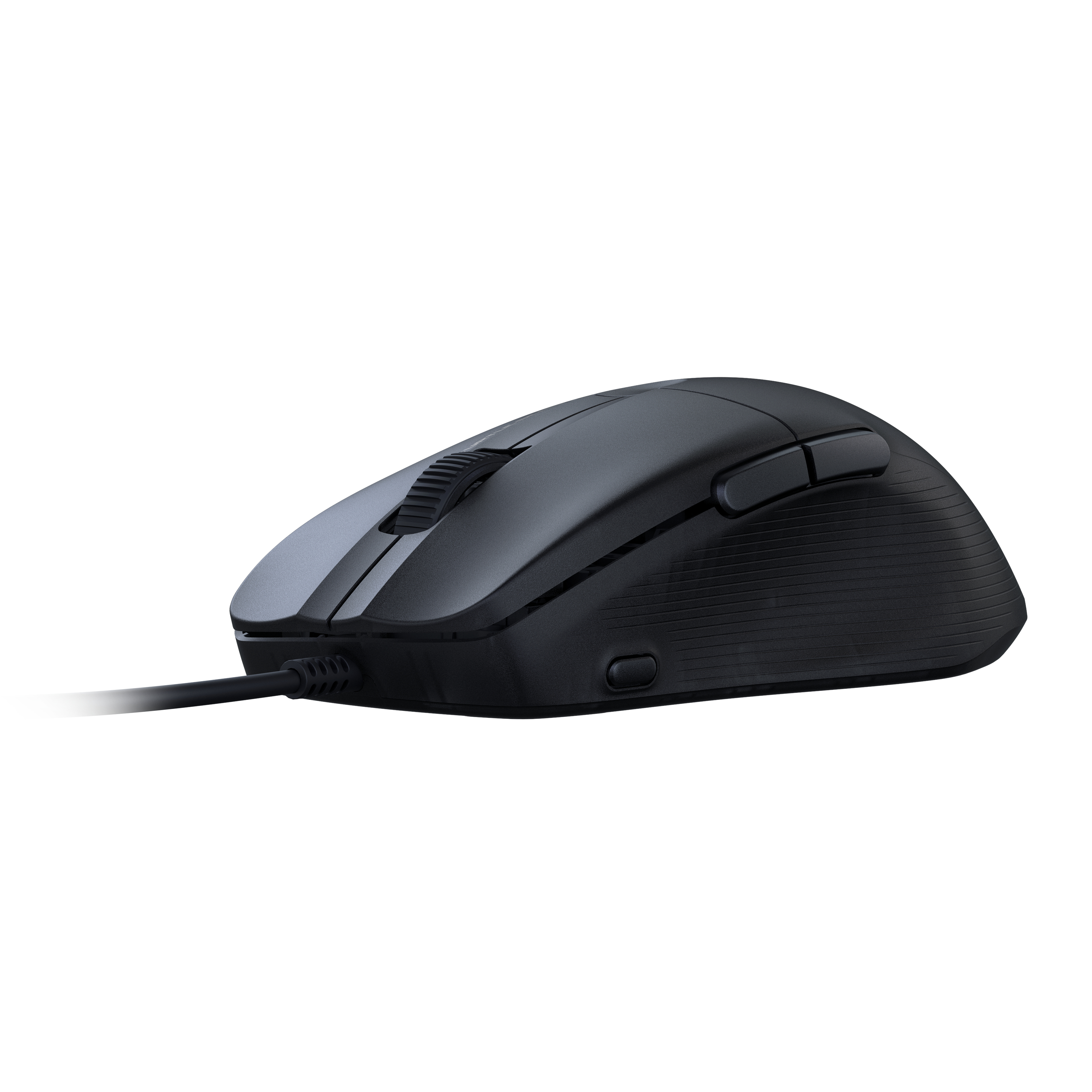 A black mouse with a scroll wheel and two buttons.  It has a cable.  White background.