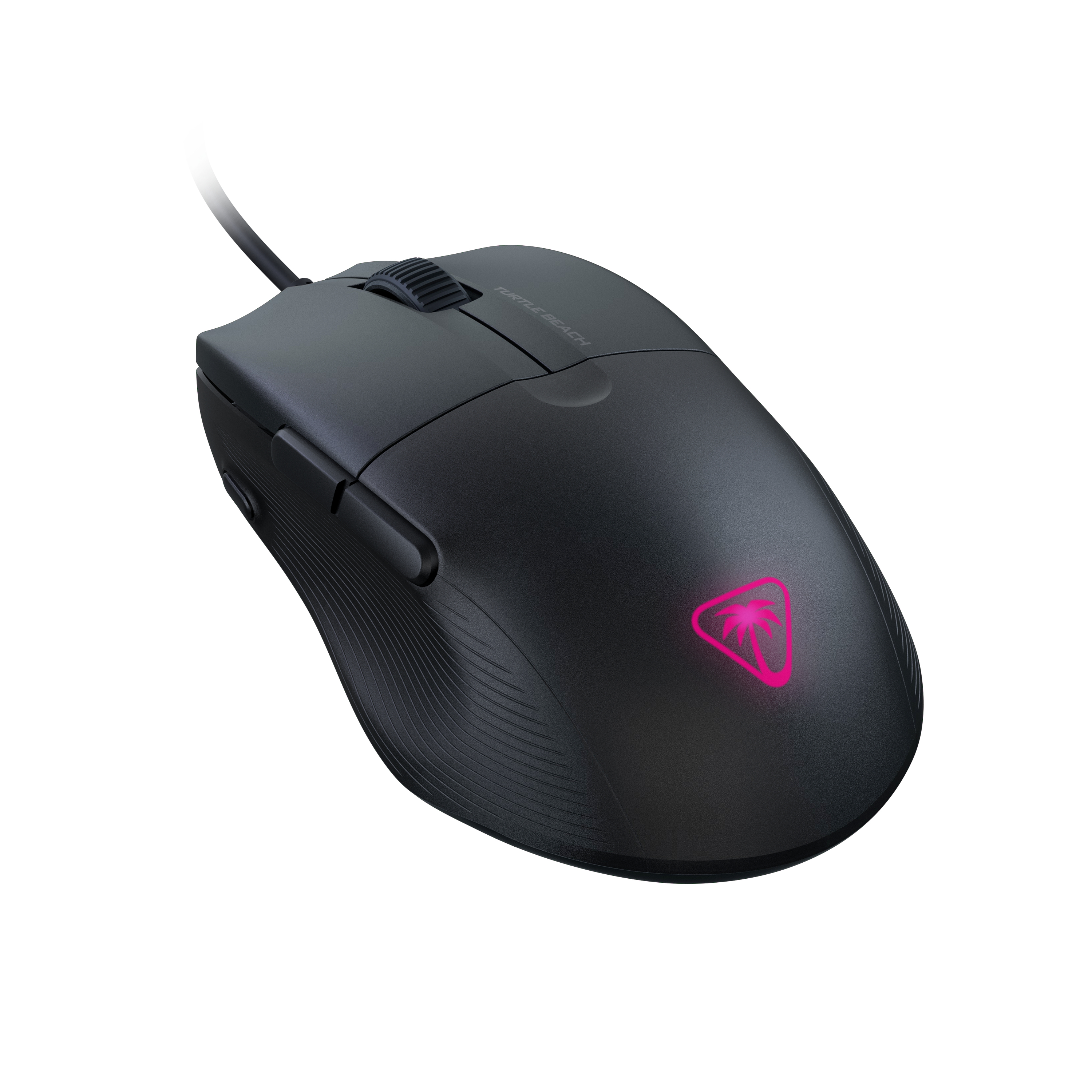 Black gaming mouse with pink logo. It has a scroll wheel and side buttons. The mouse is on white.